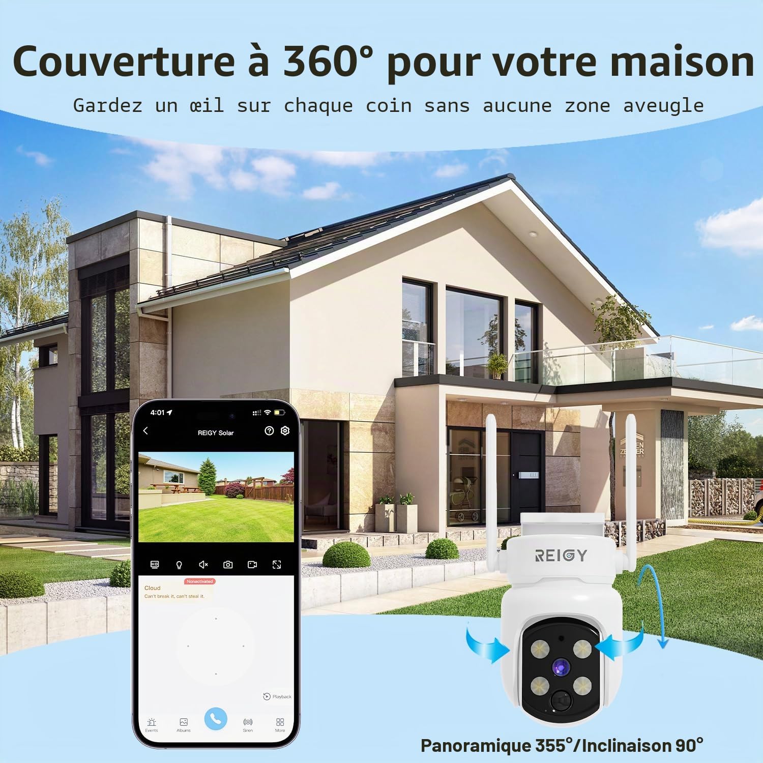 REIGY 4MP Caméra Surveillance WiFi Exterieure sans Fil Solaire, Camera Caméra de Sécurité Interieur avec Panneau Solaire, 360° PTZ, Vision Nocturne, Audio Bidirectionnel, PIR Sirène, 2.4ghz/5ghz