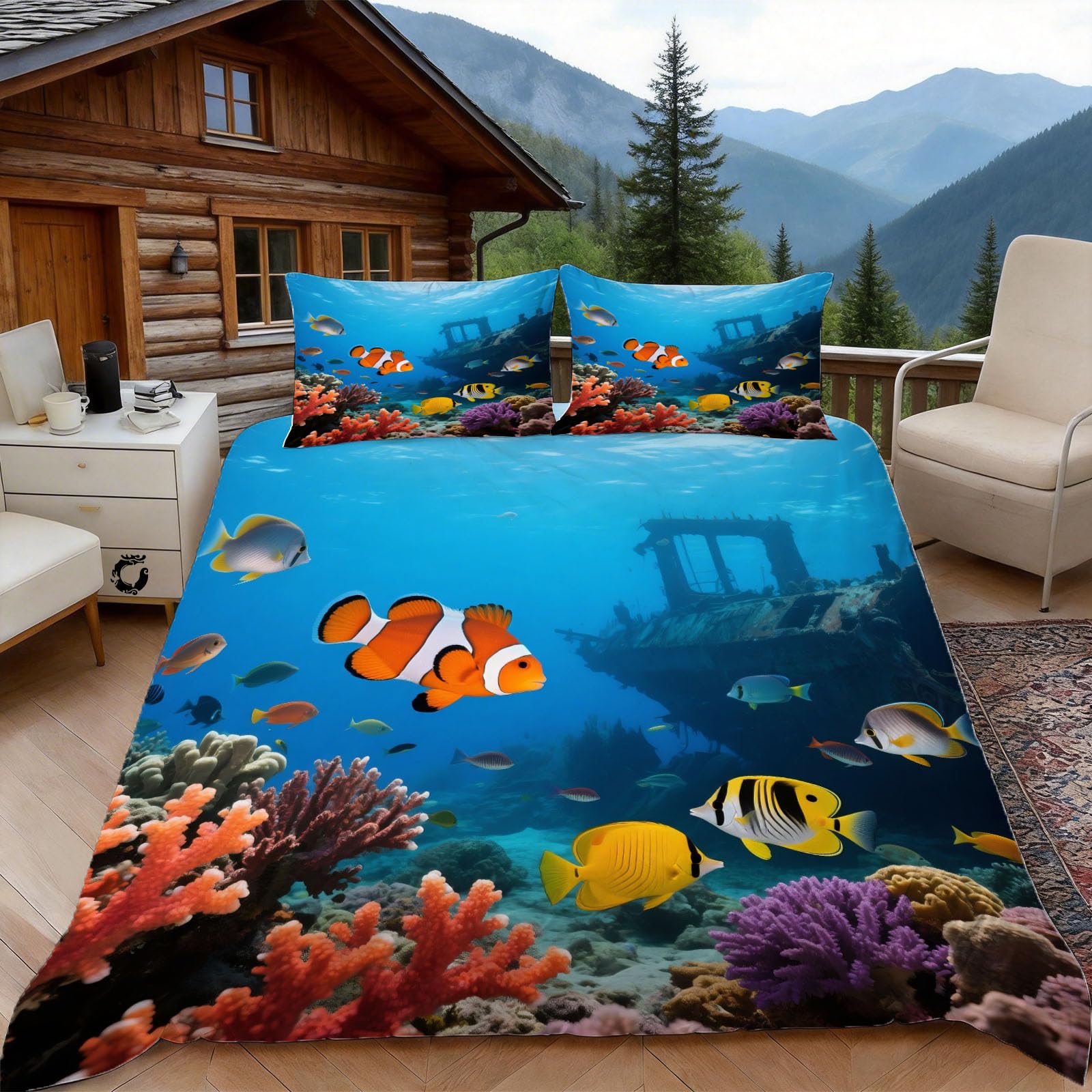 Housse de couette 140x200 cm fermeture éclair parure lit poisson clown microfibre infroissable