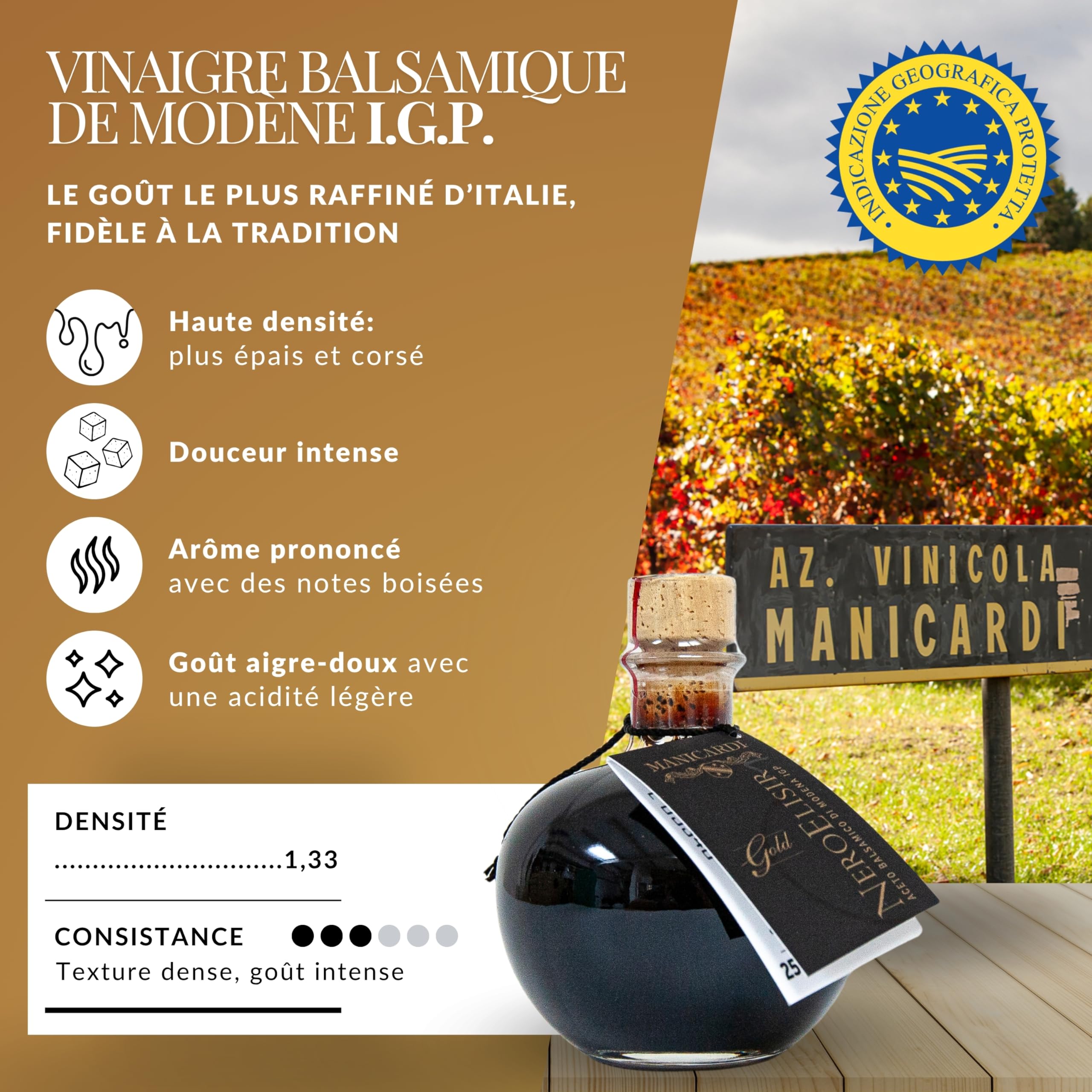 MANICARDI Vinaigre Balsamique de Modène IGP Nero Elisir Gold - Produit Italien avec bec verseur anti-goutte - Dense, parfait pour fromages, légumes, viandes rôties, fraises et glace, 250 ml