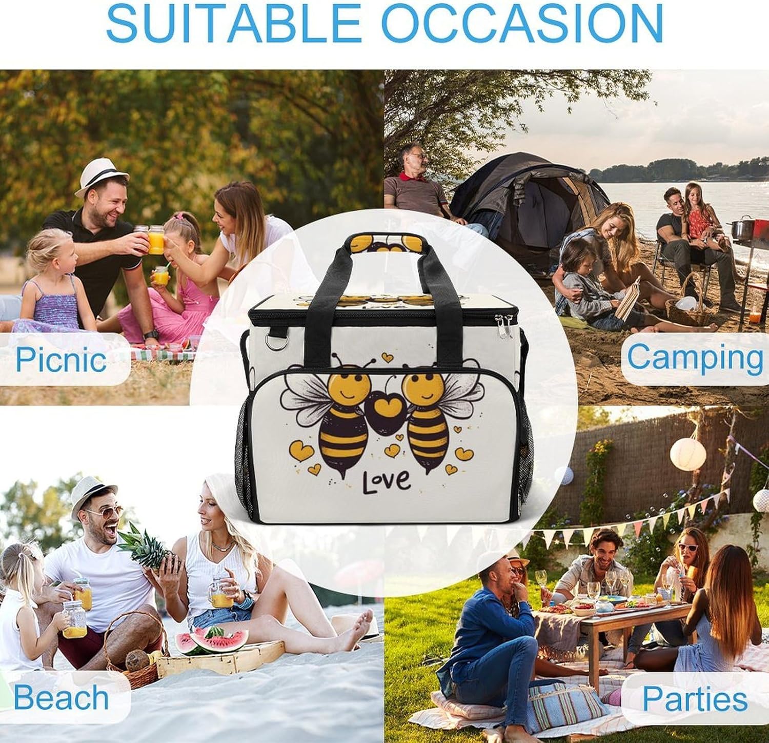 Insulated Picnic Backpack Tote Bag, Large Capacity 30L Bee Love Honey Cooler Bag Leakproof Beach Bags Portable Lunch Box Waterproof Picnic Basket for Beach Camping BBQ