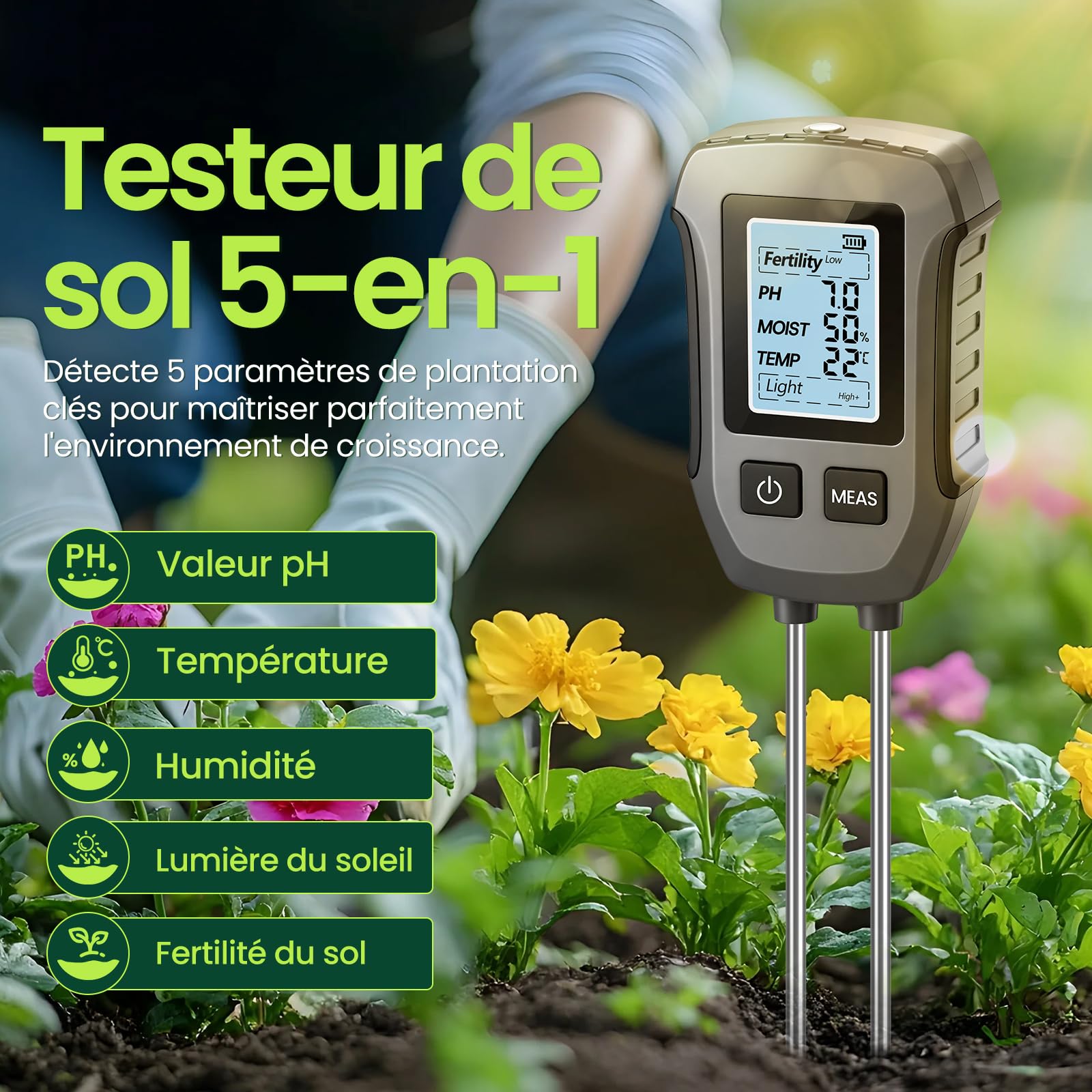 FORMIZON Testeur Humidité Plante 5 en 1, Atesteur pH Sol pour Le pH/la Fertilité/l'Humidité du Sol/la TempéRature/L'Ensoleillement, avec Écran LCD Éclairé Humidimètre pour Jardin et Pelouse