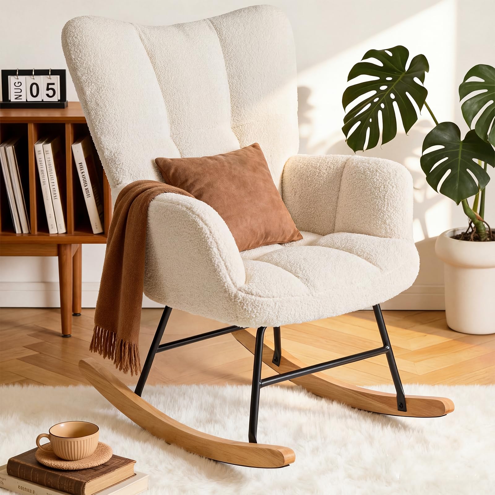NEWBULIG Glider Rocking Chair, Ergonomic High Backrest Teddy Fabric Chair with Padded Seat, Comfort Reading Rocker with Contoured Armrests for Living Room, Bedroom, Beige