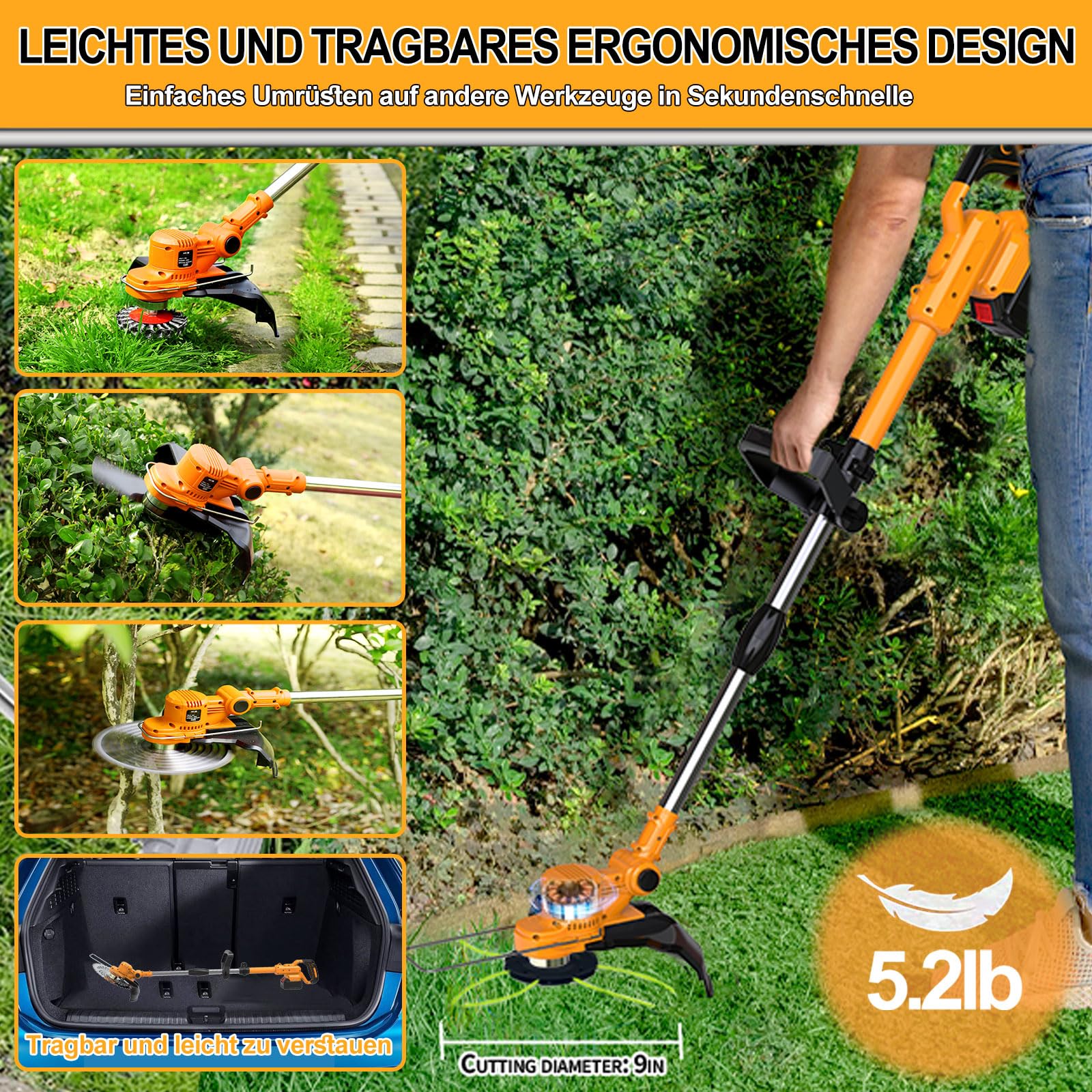 Rasentrimmer mit Akku, 4 in 1 Rasentrimmer mit Unkrautbürste 21V Bürstenloser Freischneider Akku, Teleskop, Verstellbarer, für Garden Trimmen, Orange