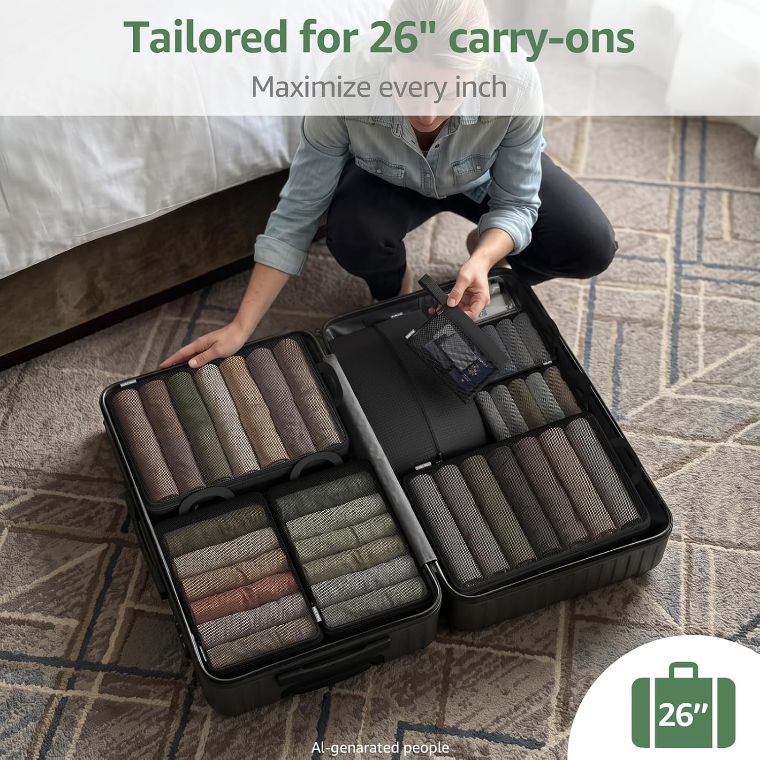 10 Set Compression Packing Cubes for Travel Essentials Luggage, Mesh Collapsible Packing Cubes for 26 Inch Luggage, Expandable Travel Packing Organizers with Shoe Laundry Bag (Black, 26")