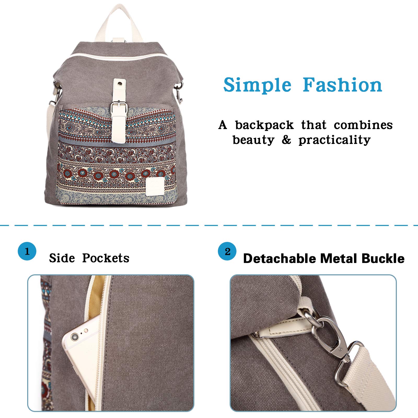 FANDARE Casual Mochila Mujer Bolso de Hombro Niña Bolso Escolar Bolsa Bandolera para Universidad Viajes Compras Citas Backpack Duradero Lona Gris