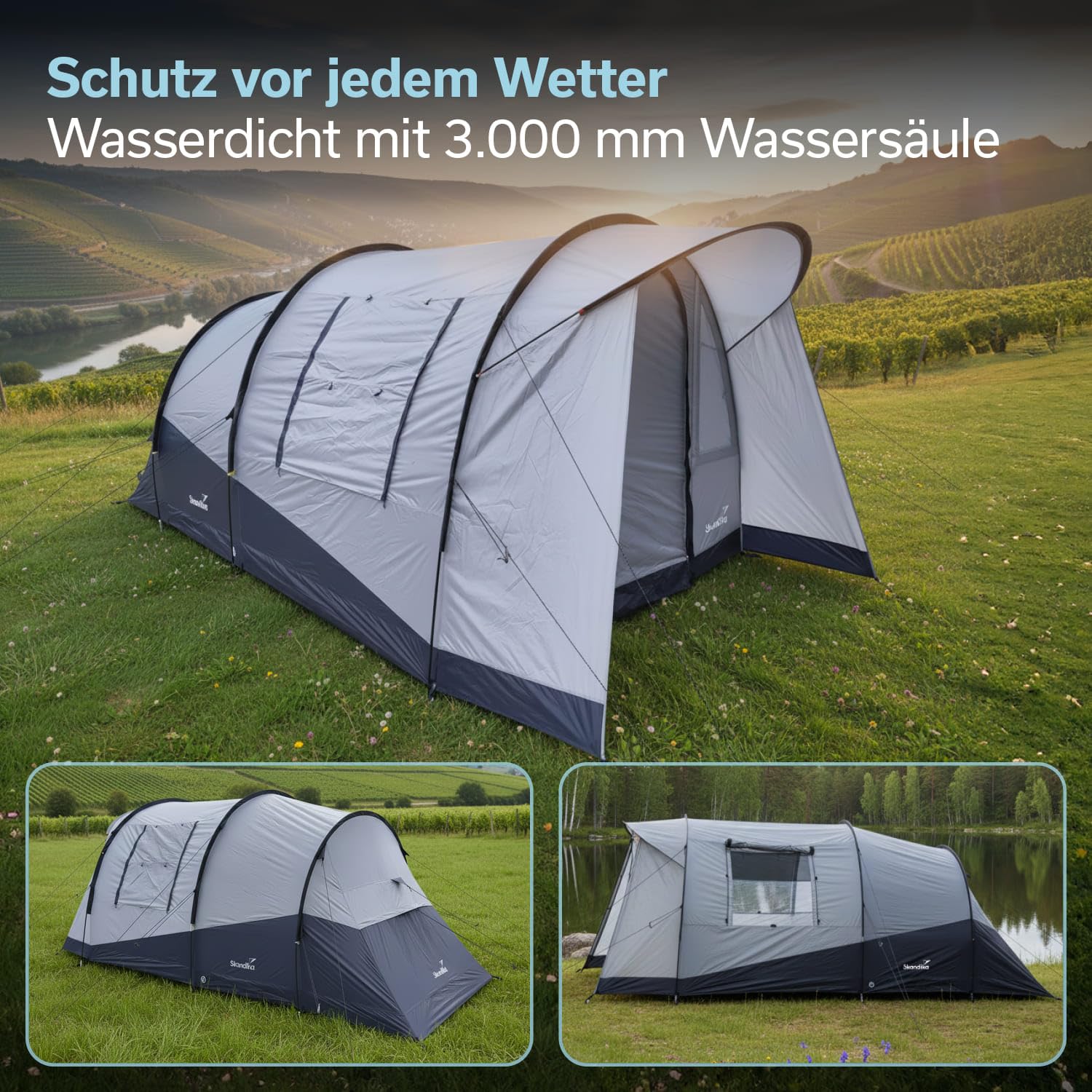Skandika Tenda a tunnel Isken 3 Protect, tenda da campeggio per 3 persone, finestra con zanzariera, fondo cucito, impermeabile, colonna d'acqua 3000 mm, con canopy, tenda per campeggio, festival