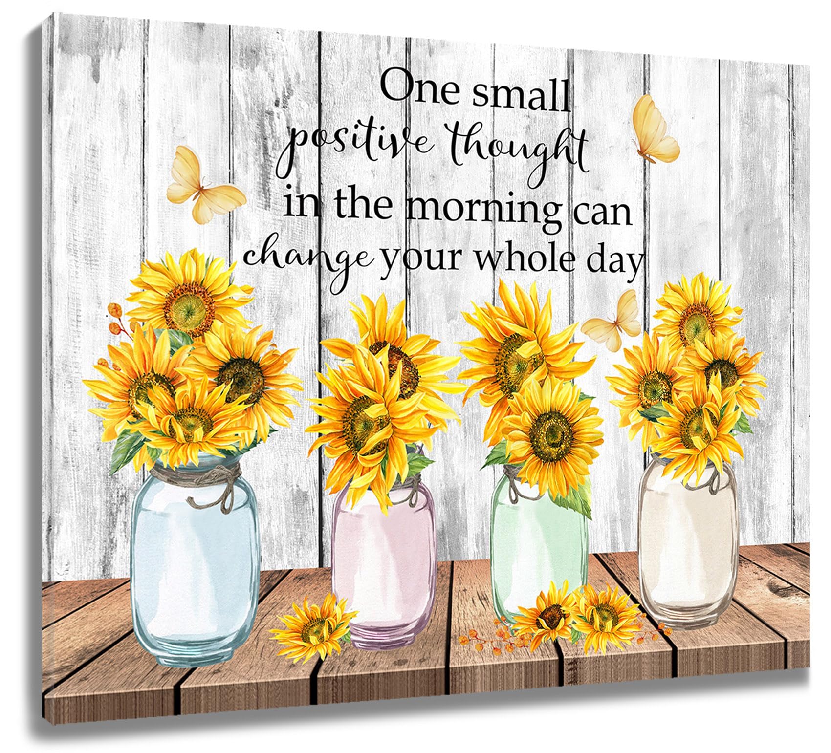 LB Sunflower Wall Art Inspirational with Butterfly Canvas Wall Art Farmhouse Yellow Flower Painting Poster for Living Room Bathroom Wall Decor,16Wx12H inch Wooden Framed — image 1