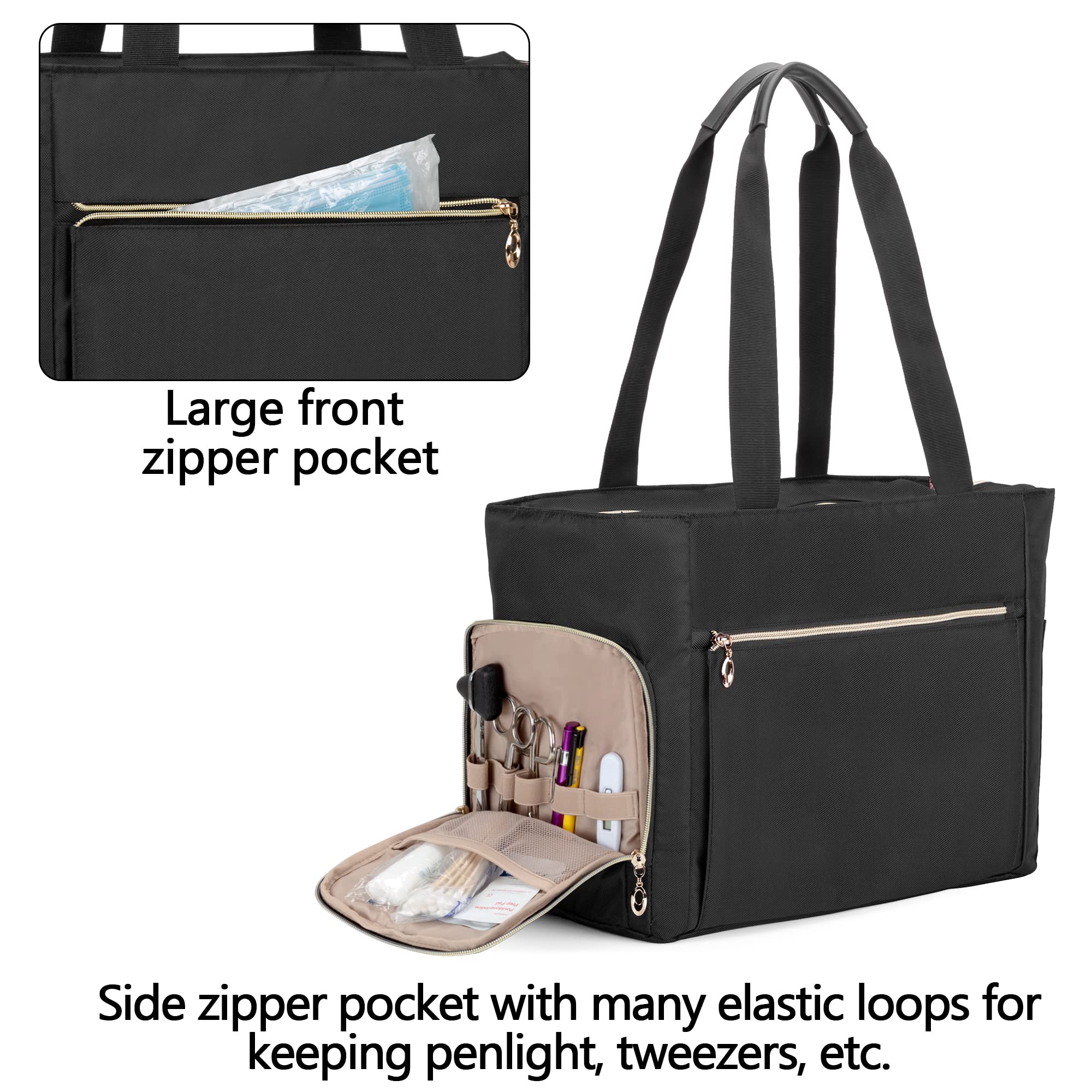 CURMIO Sac infirmière, Sac de Fournitures médicales Portable avec Pochette rembourrée pour Ordinateur Portable pour Les visites à Domicile, Les Soins de santé, Sac Seulement, Noir