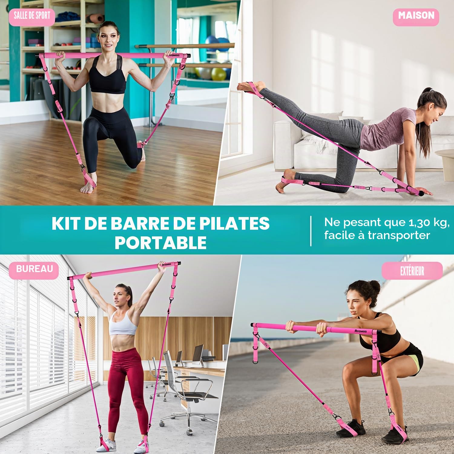 Kit de barre de pilates avec bandes de résistance, équipement d'entraînement Pilates pour jambes, hanches, taille, bras, squats pour entraînements à domicile, kit de barre de pilates réglable à 3