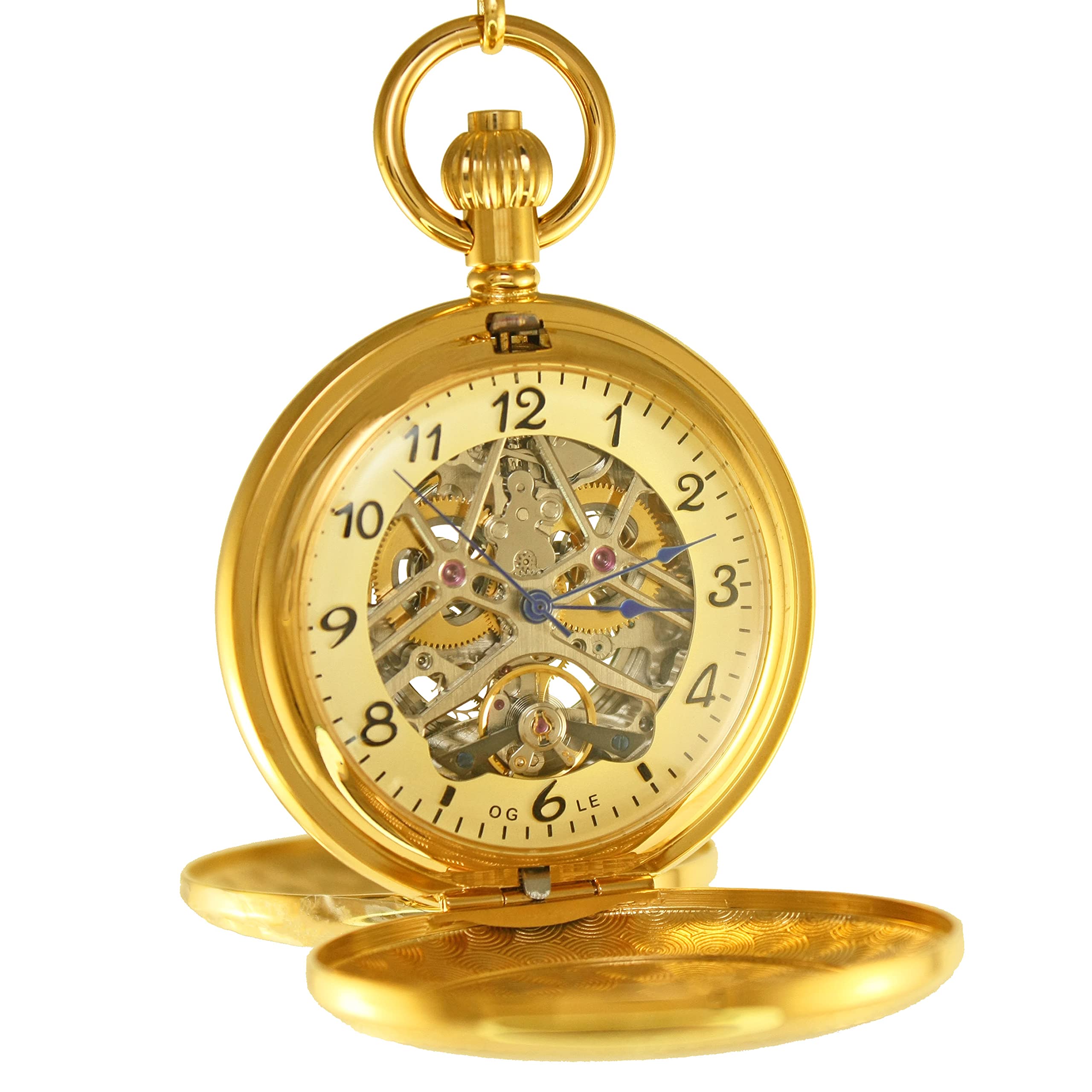 Ogle Vintage Double Copper Cover Case Dual Movement Skeleton Chain Fob Self Winding Automatic Mechanical Pocket Watch
