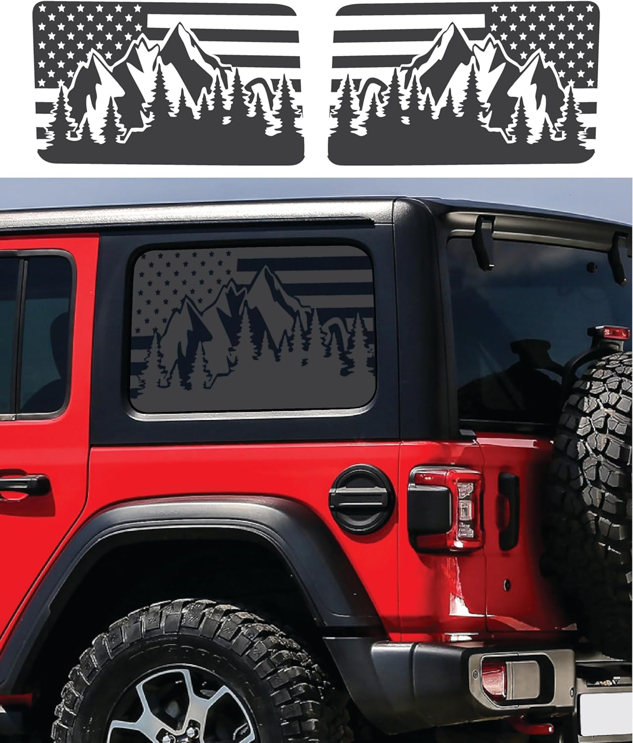 Compatible with Jeep Wrangler JL 2018 – 2026 (4 Door) | Precut US Flag Forest Mountain Window Decals | Proudly Made in The USA | (US Flag Mountain Forest)