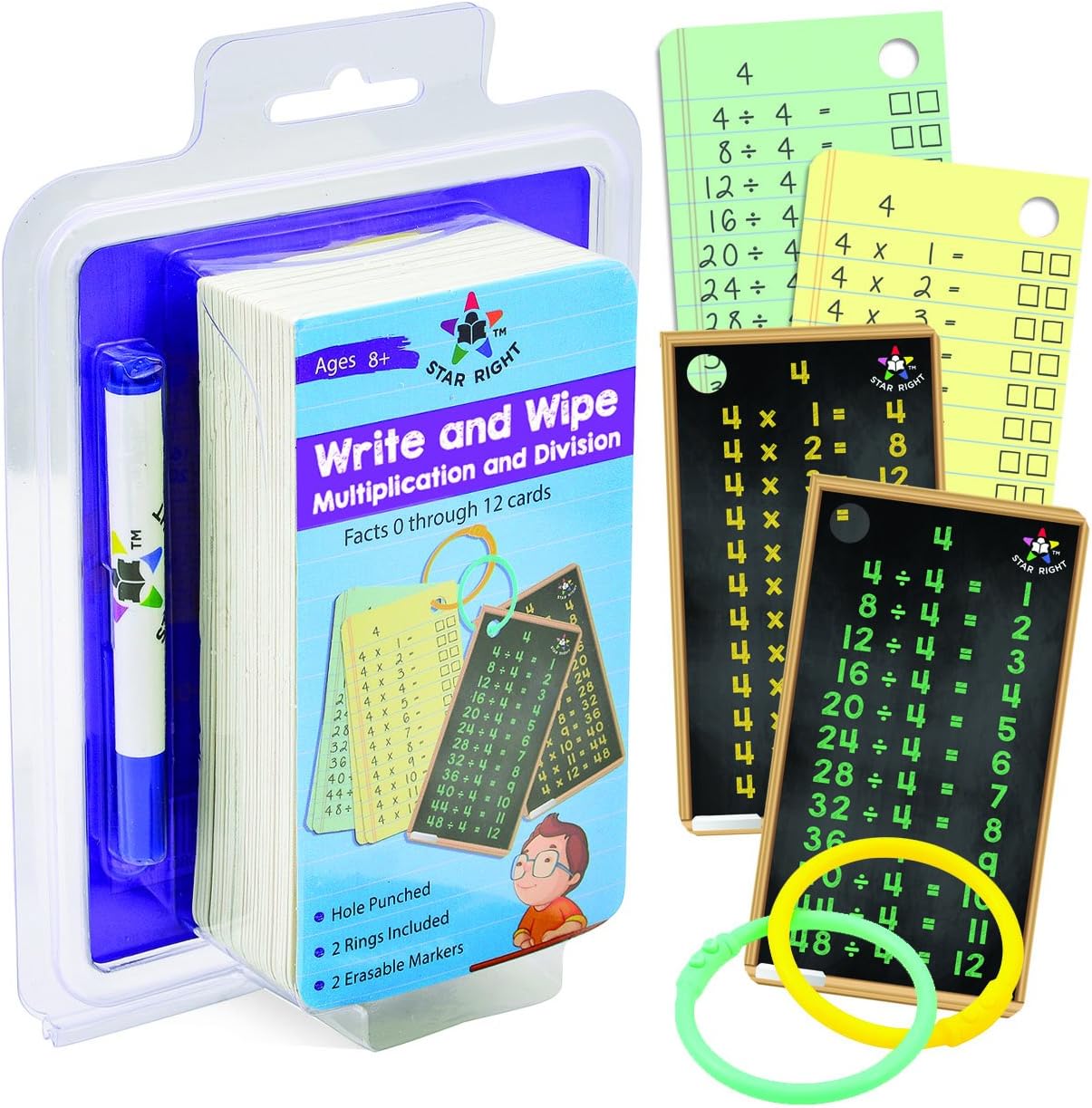 Star Right Multiplication and Division Flash Cards - Write and Wipe Dry Erase Flash Cards - All Facts 0-12 - Hole Punched - 2 Binder Rings - 2 Erasable Markers - for Ages 8 & Up