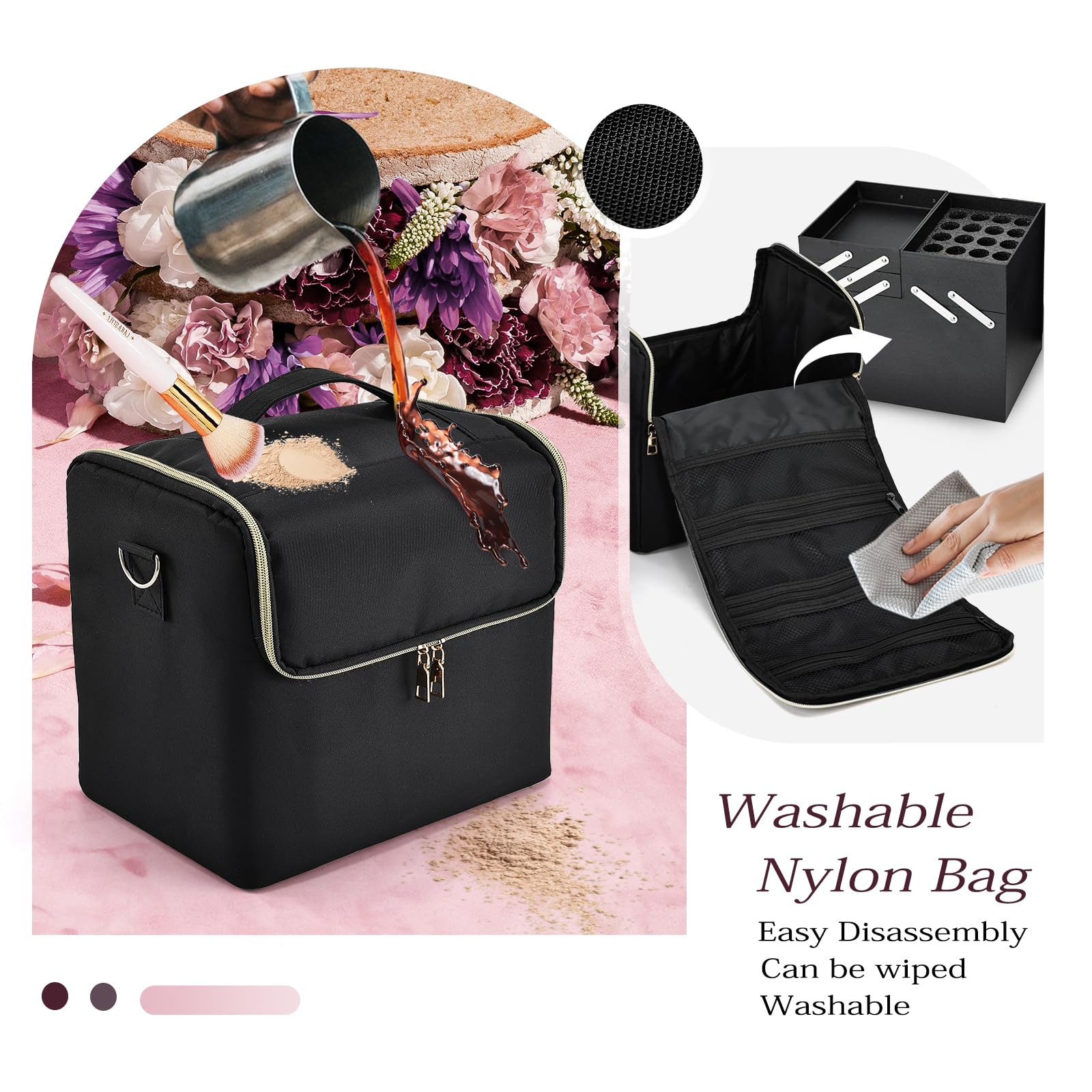 Joligrace Make-up-Tasche Kosmetiktasche Kosmetikkoffer Nagellack Organizer mit Schultergurt, Schwarz , Extra Large