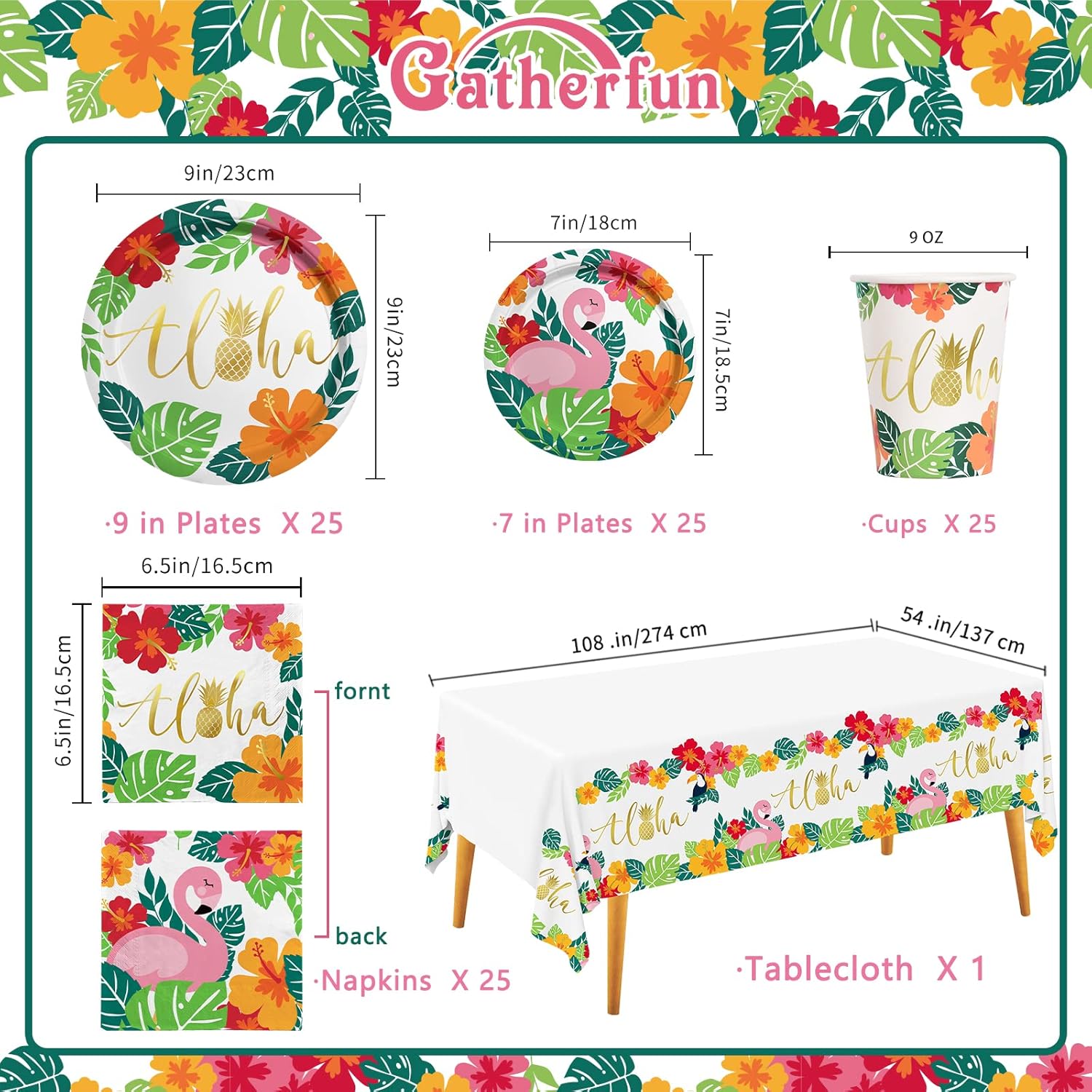Tropical Luau Party Supplies Flamingo Party Dinnerware Set Disposable Paper Plates Napkins Cups and Tablecloth for Hawaiian Beach Party Decorations, Serve 25