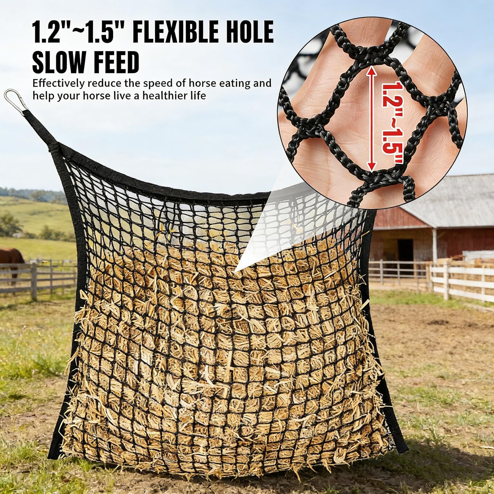 Heunetz für Pferde, langsames Füttern, 90 x 120 cm, robuster Heusack, Polyester-Netz mit Polypropylen-Kanten, idealer Futterspender für Pferde, Ponys, Ziegen, Schafe und Esel, perfekt für Anhänger