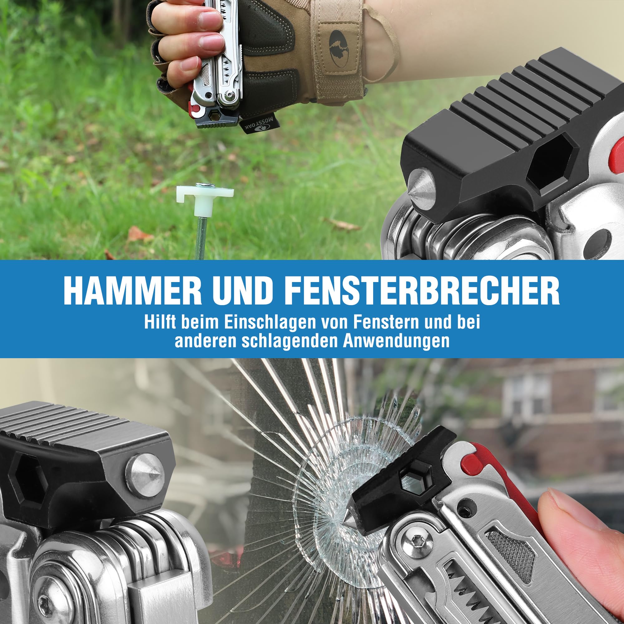 FLISSA Multifunktionszange 19-in-1, Multitool mit Glasbrecher und Feuerstarter, faltbares Multifunktionswerkzeug für Geschenke, multifunktionale Zange für Camping, mit Tragetasche, Edelstahlfarbe