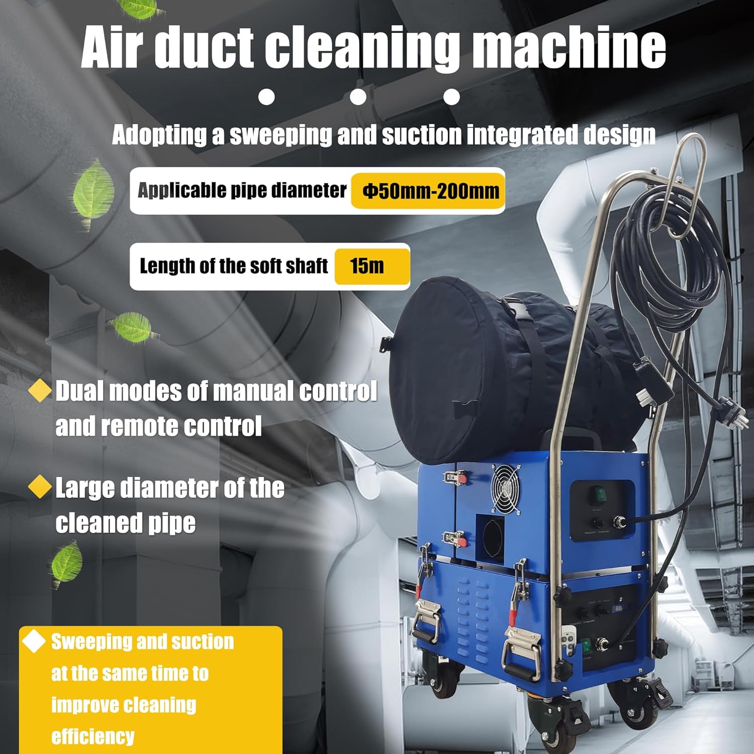 Air Pipe Cleaning Machine 220V Air Duct Vacuuming Cleaner for 2-7.9" Pipe Range Sweeping and Vacuum Suction Integrated Device 0-1400r/min Adjustable Speed with Transformer