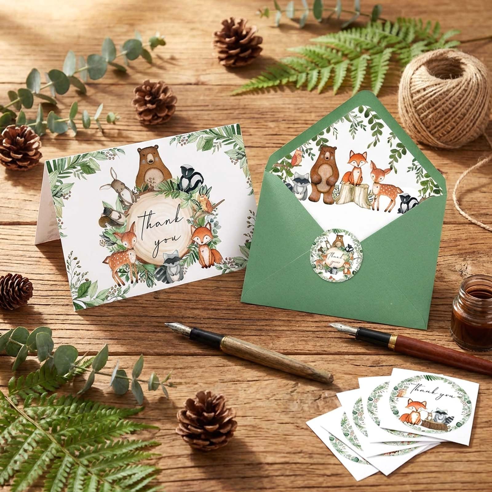 Woodland Dankeskarten, Waldtiere, Dankeskarten, 10,2 x 15,2 cm, mit passenden Umschlägen und Aufklebern, grüne Notizkarten, Wald-Baby-Party, Geburtstag, Dankeskarten (50 Stück)
