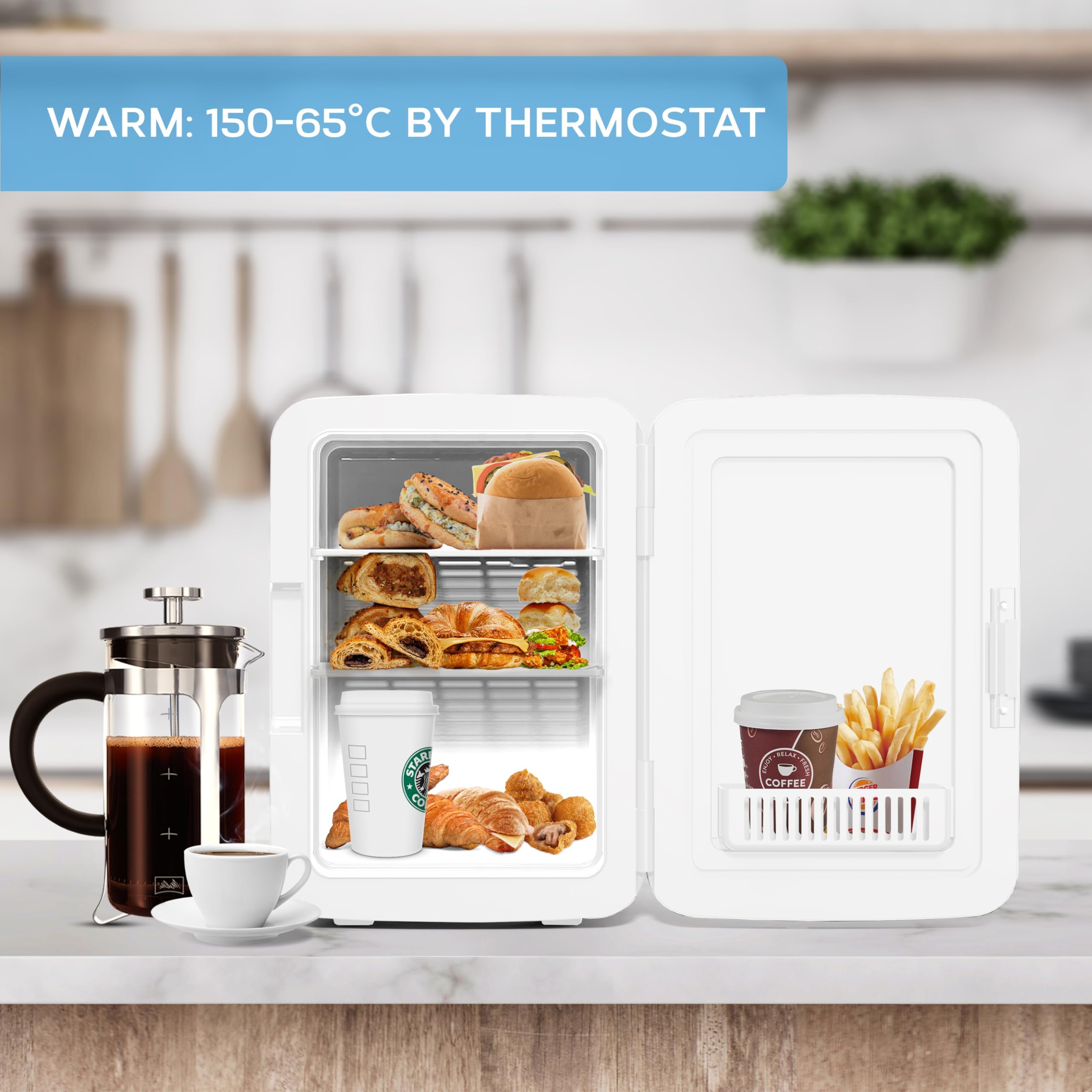 MONCOOK Mini Fridge For Bedrooms - Small, Portable & Quiet - Glass Door Mini Fridge For Skincare, Food & Drinks - Cooling & Warming Function - Perfect For Home, Office, Car Or Travel - 10L White