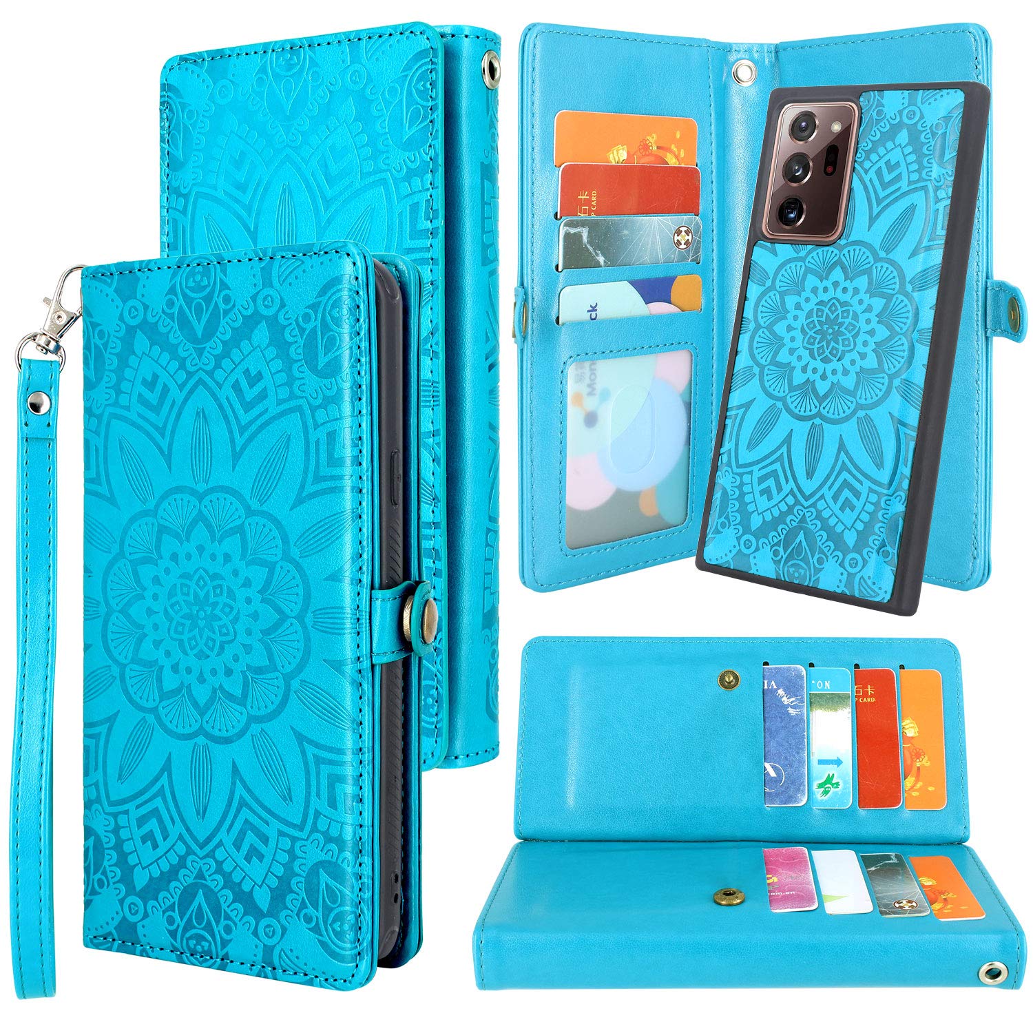 Harryshell Detachable Magnetic 12 Card Slots Wallet Case PU Leather Flip Protective Cover Wrist Strap for Samsung Galaxy Note 20 Ultra 5G 6.9 inch (2020) (Not Fit Note 20 6.7 inch) (Flower Blue)
