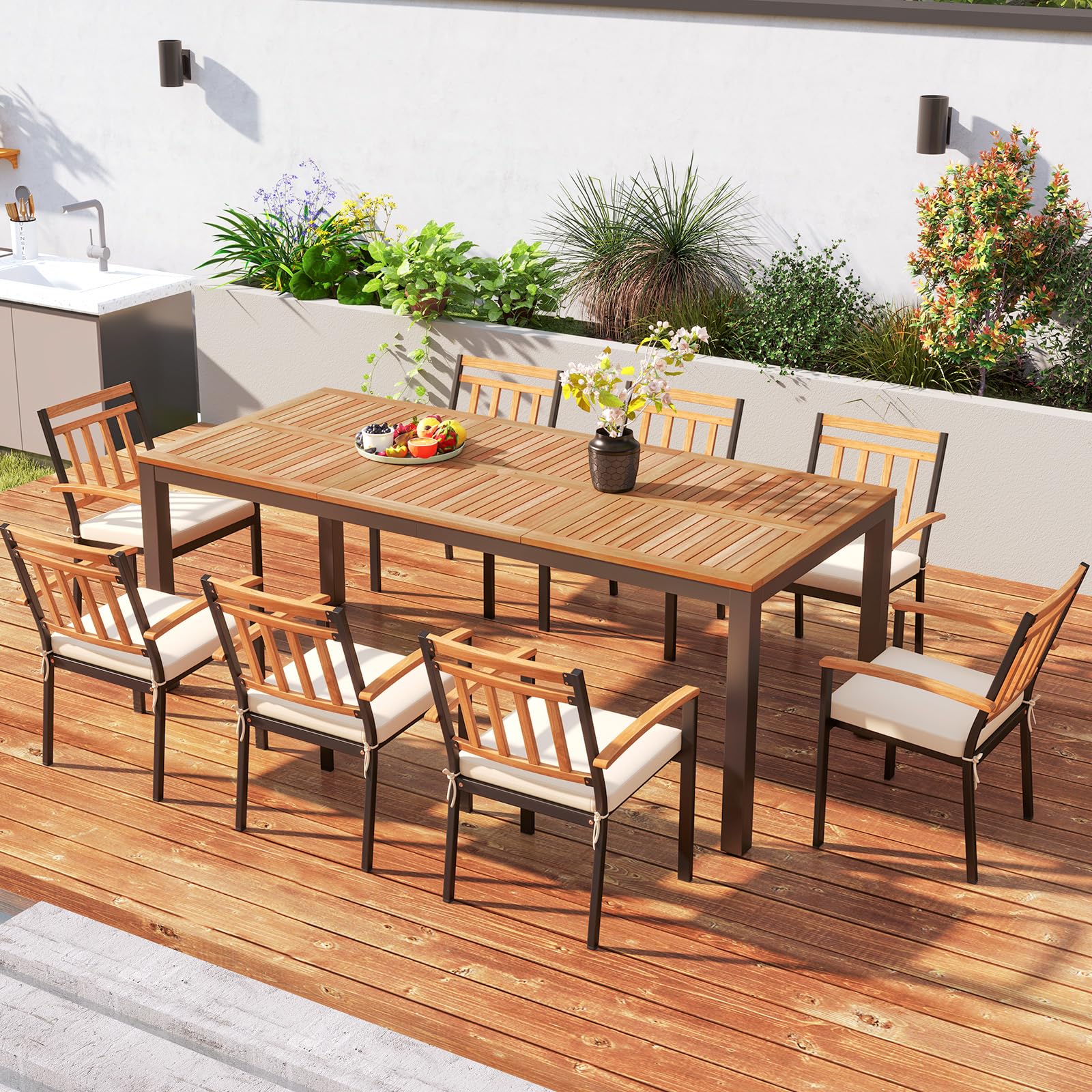 GIANTEX Tavolo da Giardino in Legno di Acacia per 8 Persone, Tavolo Rettangolare da Pranzo con Foro per Ombrellone, Struttura in Metallo, 200 x 90 x 75 cm, Naturale e Nero