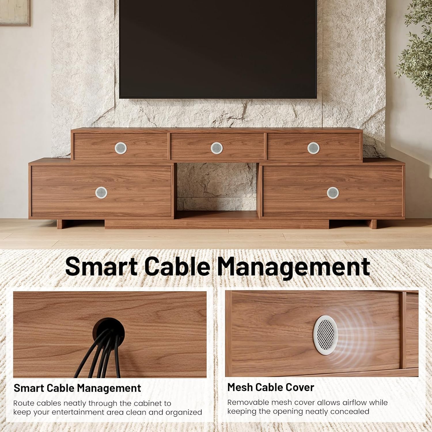 Extendable TV Stand for 65-100 Inches TVs - Walnut Entertainment Console with 2 Cabinets, 3 Open Compartments & 1 Adjustable Shelf, Cable Management, Adjustable Length 63''-94.5'' (Walnut, 63"-94.5")