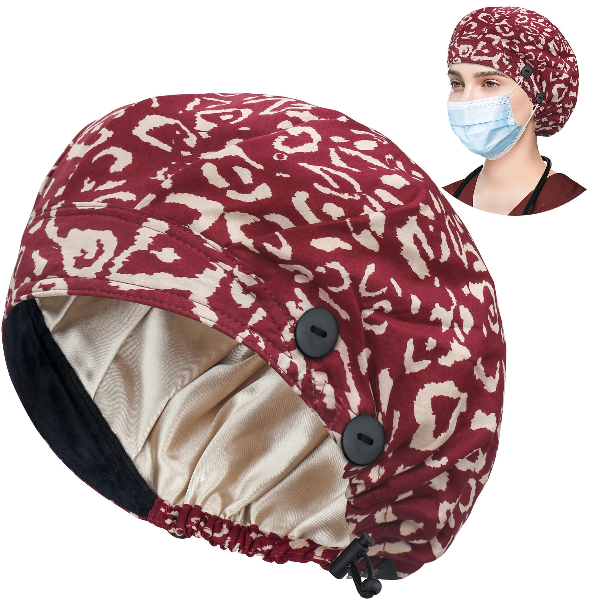 ABAMERICA Bouffant Caps with Button and Sweatband, Adjustable Scrub Caps for Women Men, One Size Multi Color