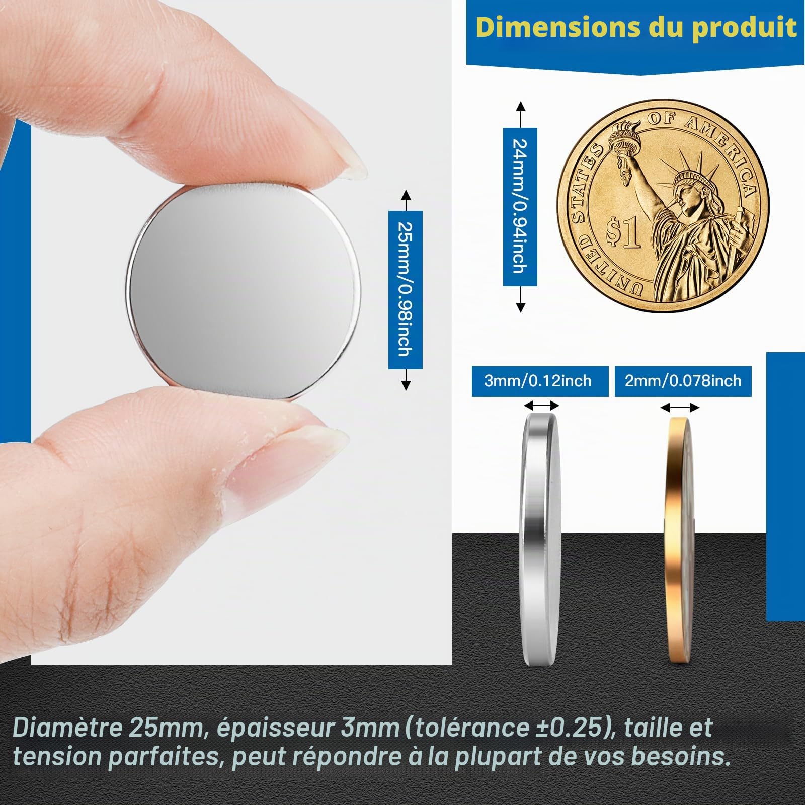 Wukong Aimant Puissant, 25x3mm | 10 Pièces Aimant Neodyme Super Puissant, Petit Aimants Rond, Aimants Adhesif pour le Bricolage, la Science, le Bureau, la Cuisine et l'entrepôt