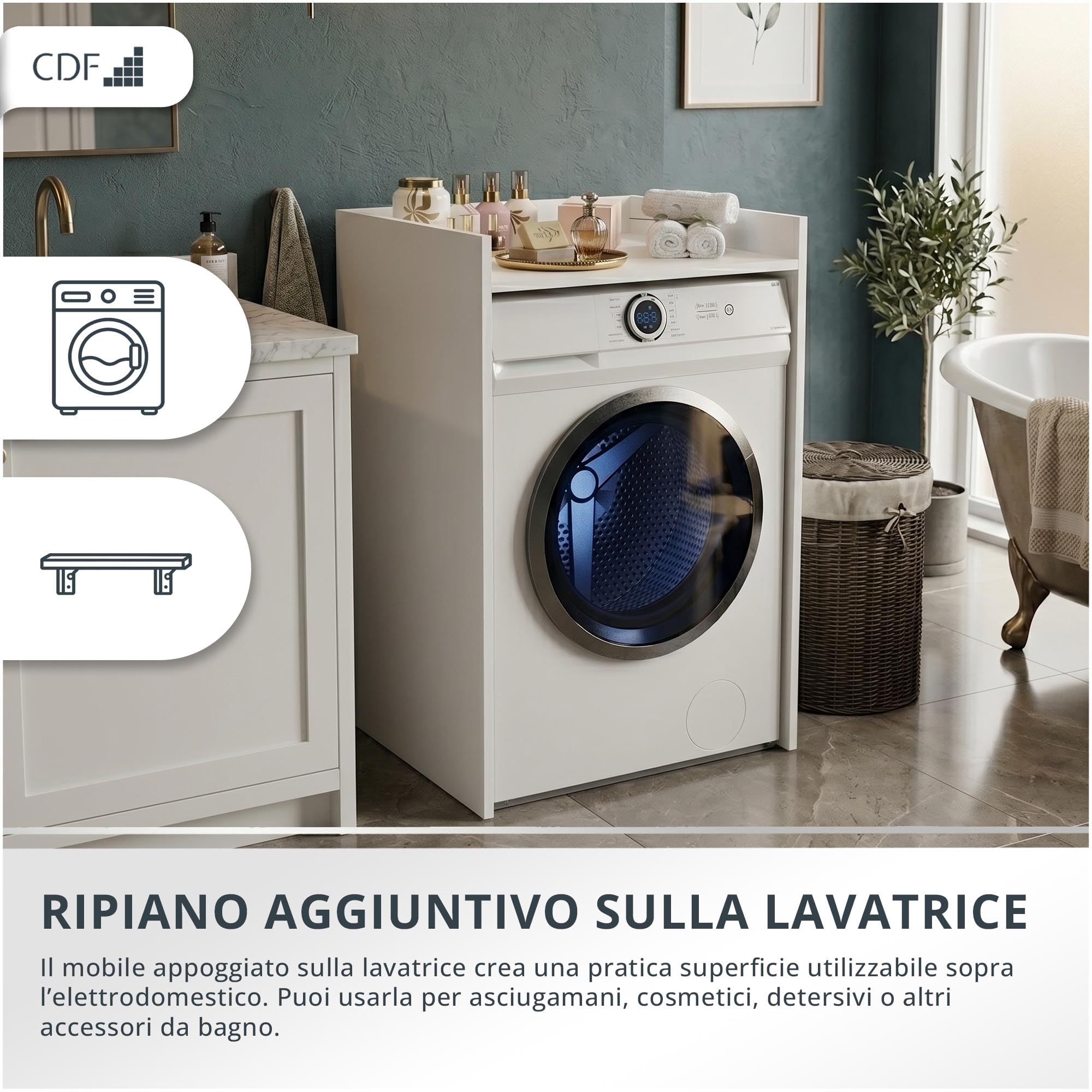 CDF Mobile Sopra Lavatrice Scaffale da Bagno Salvaspazio con Ripiano Portaoggetti Mobiletto Lavanderia Stabile 64 x 97,5 x 50 cm - Bianco Opaco