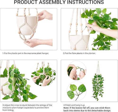 Miniatura 4 de Mkono Planta colgante falsa con maceta, plantas artificiales para decoración de primavera del hogar, colgador de plantas de macramé para interiores