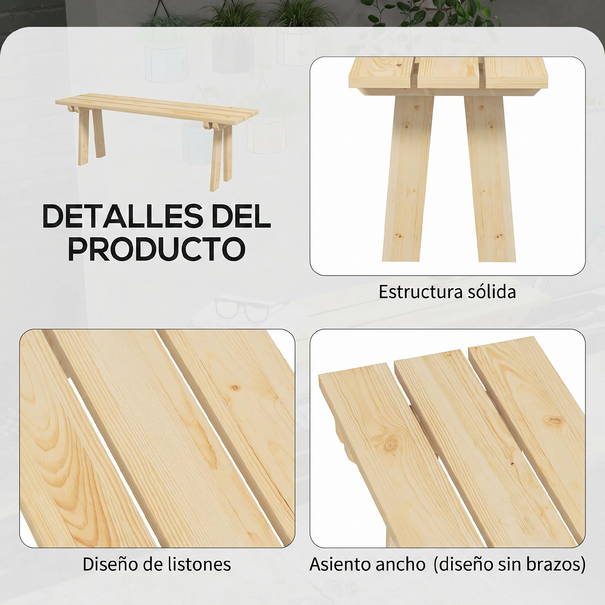 Outsunny Banco de Jardín de Madera 2 Plazas 130x38x45 cm Natural | Carga 220 kg, Banco de Exterior, para Patio Terraza Piscina