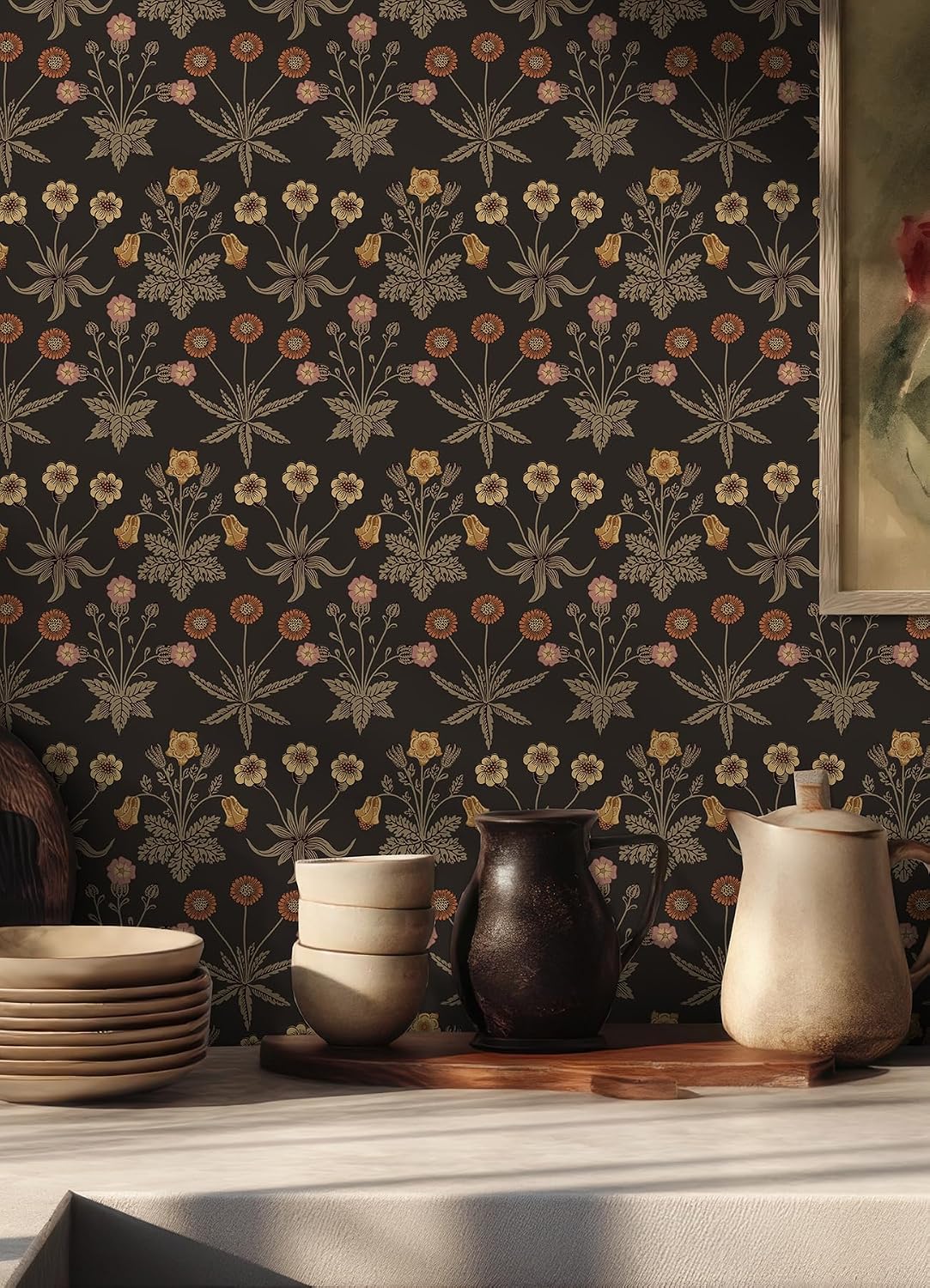 NuWallpaper x Morris & Co. Daisy Chocolate and Paprika Peel and Stick Wallpaper, MCS6598
