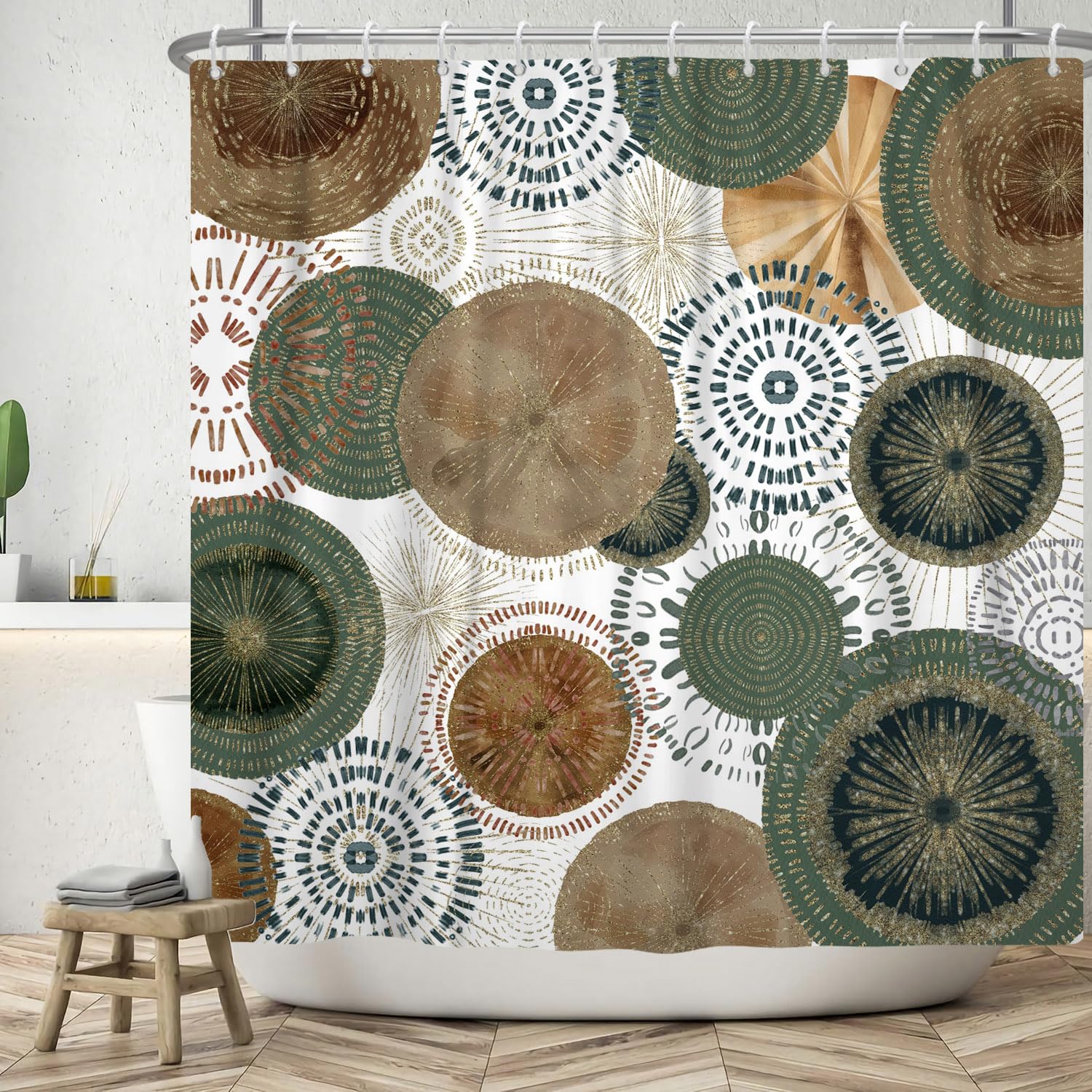 ASDCXZ Shower Curtain 120x180 cm, Modern Boho Green Brown Gold Circle Pattern White Bath Washable Shower Curtains Polyester Textile Waterproof Bath Curtain for Bathtub with 8 Hooks โ image 1