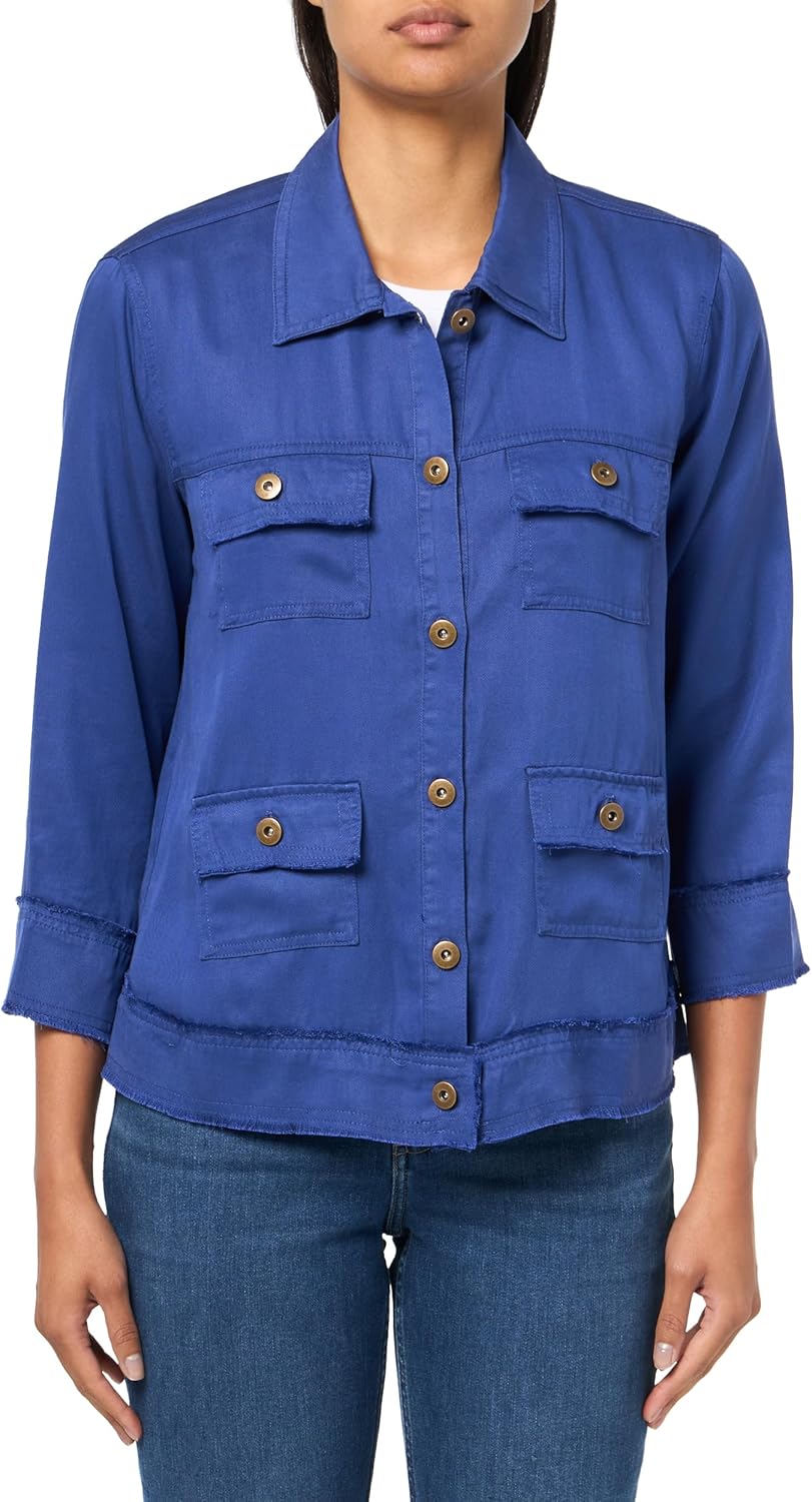 MULTIPLES womens Cuffed Three Quarters Sleeves Drop Shoulder Four-pocket Button Front Fringe Hem Jacket