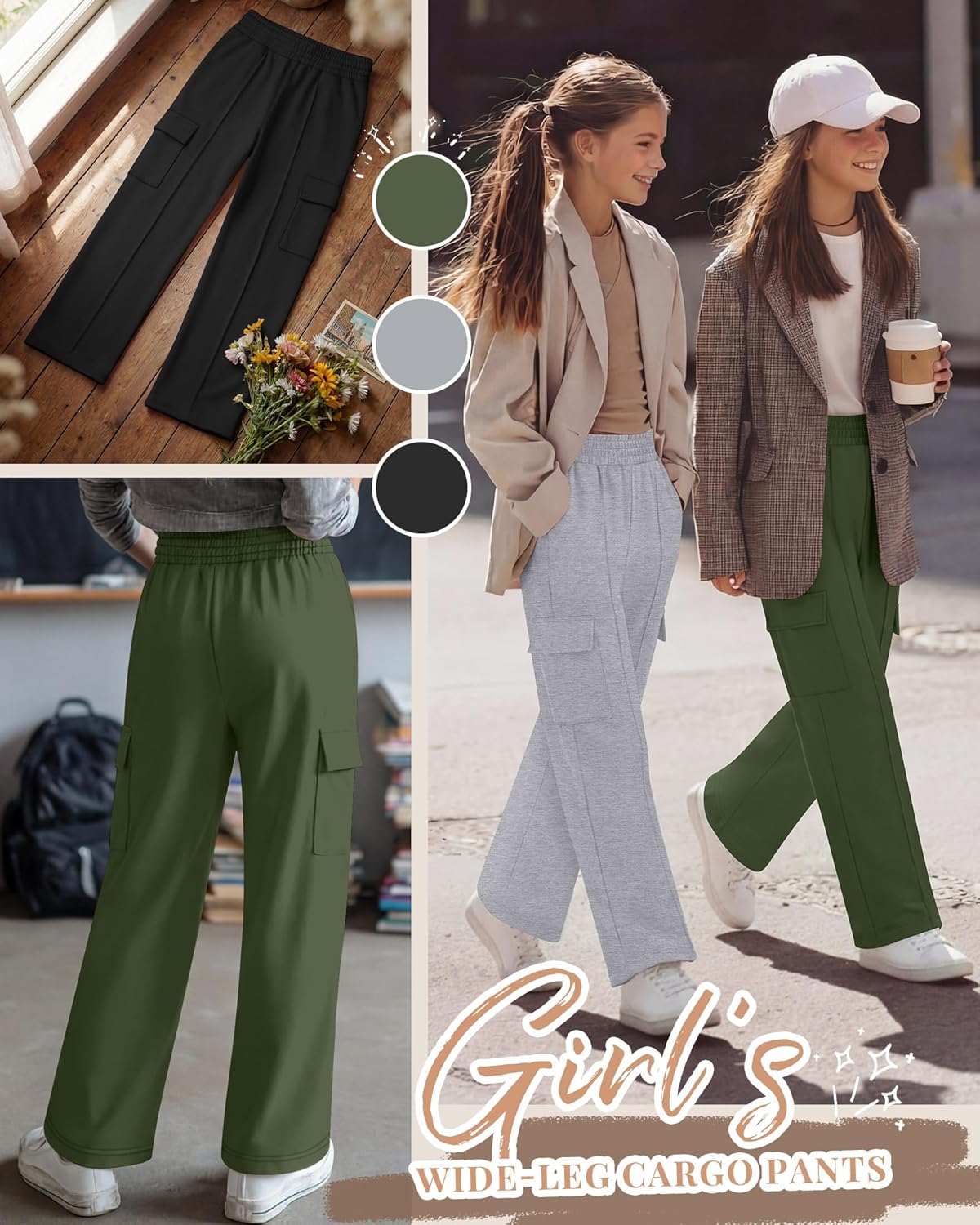 3 Pack Girls Wide Leg Sweatpants Cargo Pants High Waisted Baggy Causal Loose Kids Elastic Waistband Pants Joggers - Image 3