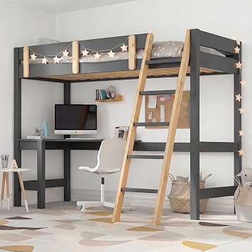 Blisswood Loft Bunk Bed with Desk, Single Wooden High Sleeper Bed with Ladder, Safety Guardrail & Solid Pine Wood Bed Frame, 3ft Small Space Saving Bunkbed for Kids, Children & Adults Dark Grey