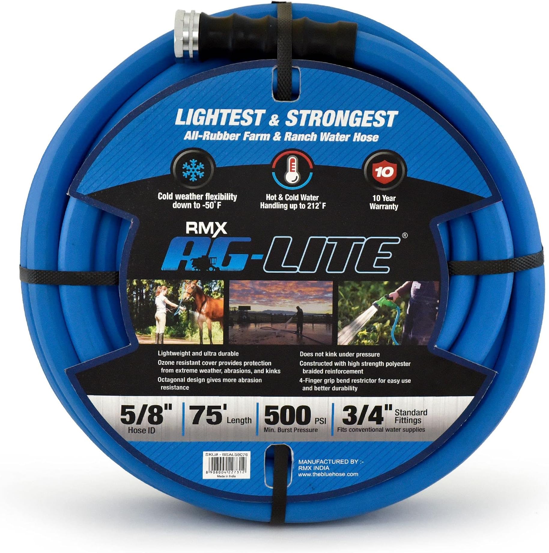 AG-LITE BSAL5875 5/8" x 75'' Hot/Cold Water Rubber Garden Hose, 100% Rubber, Ultra-Light, Super Strong, 500 PSI, 50F to 190F Degrees, High Strength Polyester Braided