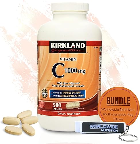Worldwide Nutrition Bundle Kirkland Vitamina C con Rose HIPS y complejo de bioflavonoides cítricos (vitamina C 1000 mg) 500 tabletas de suplemento
