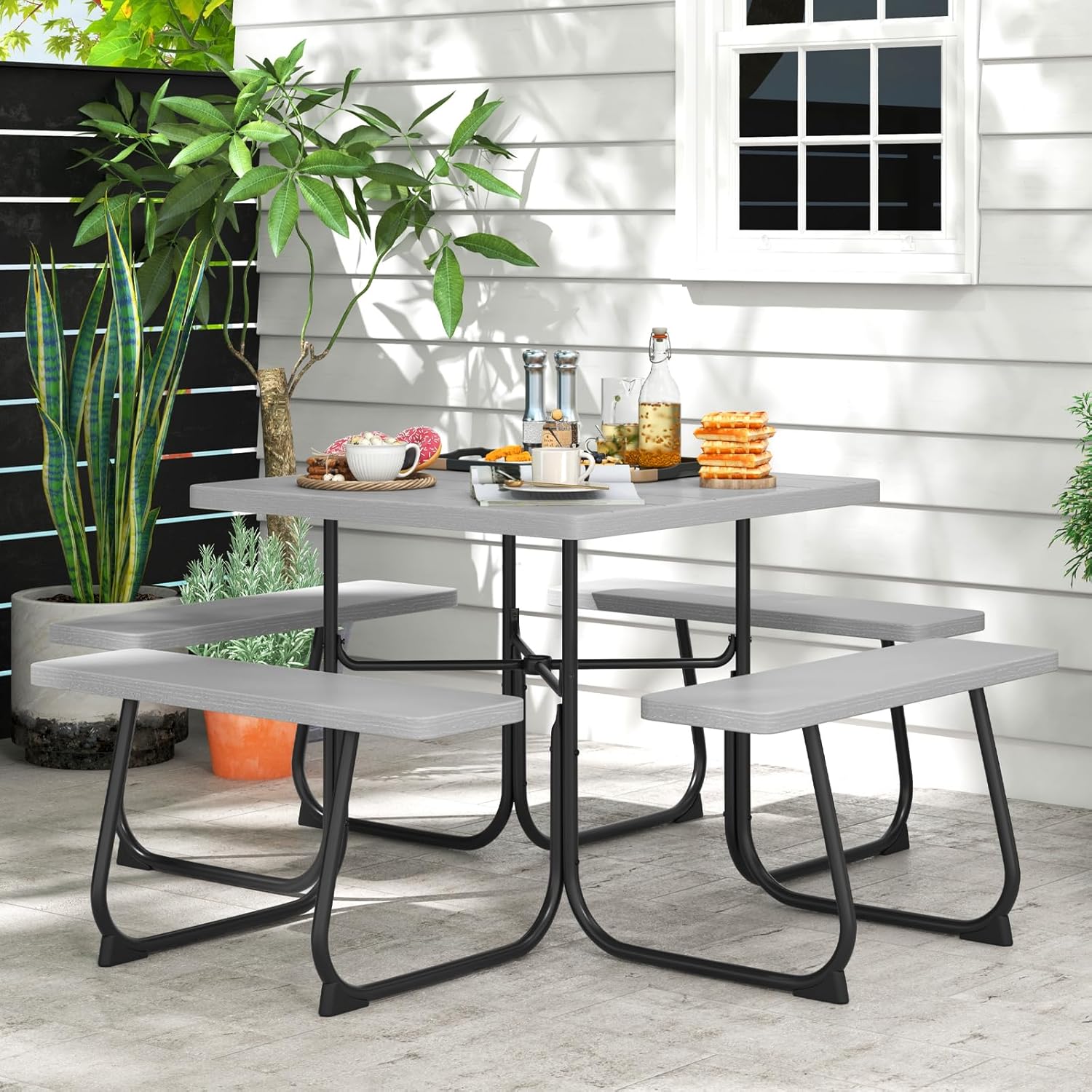 HAPPYGRILL 4-8 Person Square Picnic Table Bench Set with Umbrella Hole, Outdoor Camping Table with HDPE Material and Sturdy Metal Frame for Patio, Garden and Backyard, Gray