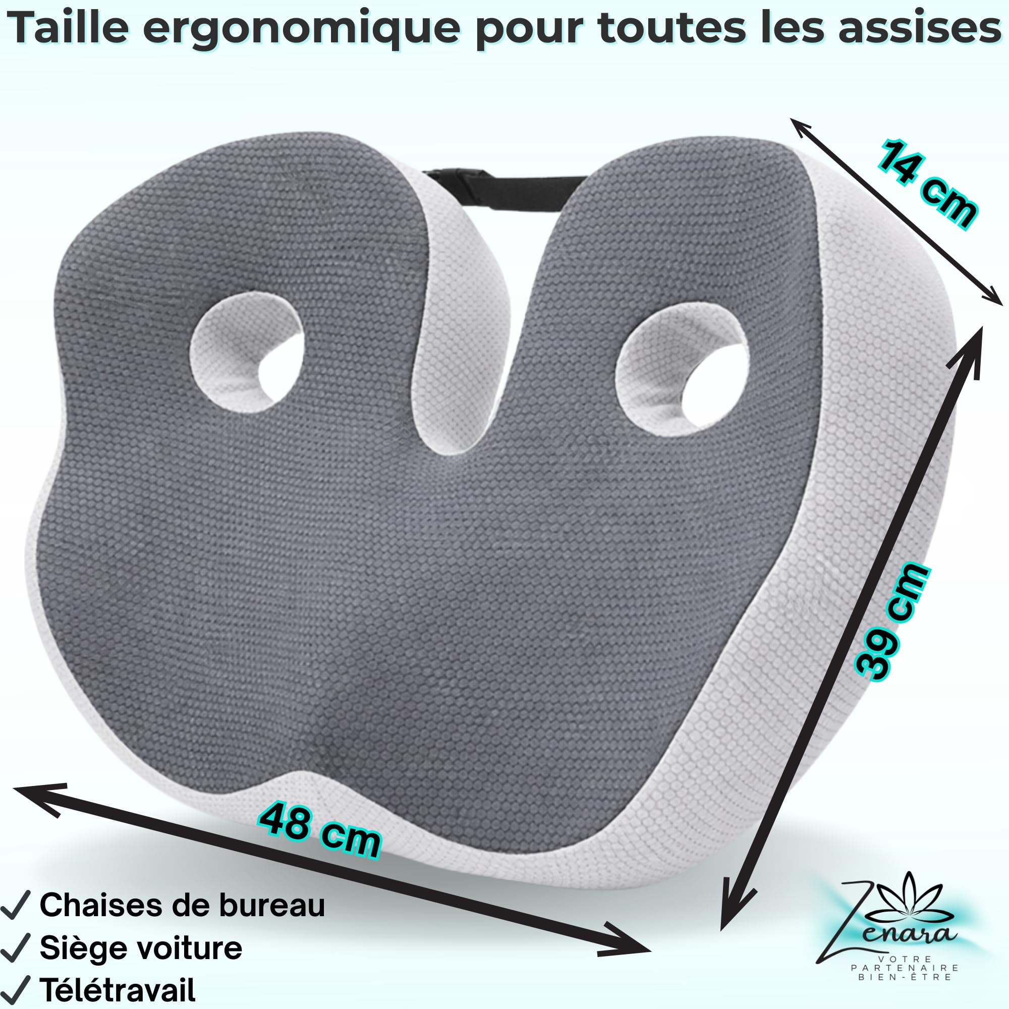 Zenara Coussin Coccyx Chaise Bureau Ergonomique – Coussin Orthopédique Assise en Mousse à Mémoire de Forme – Coussin Siège Voiture et Bureau pour Améliorer la Posture et Réduire la Pression Coccyx