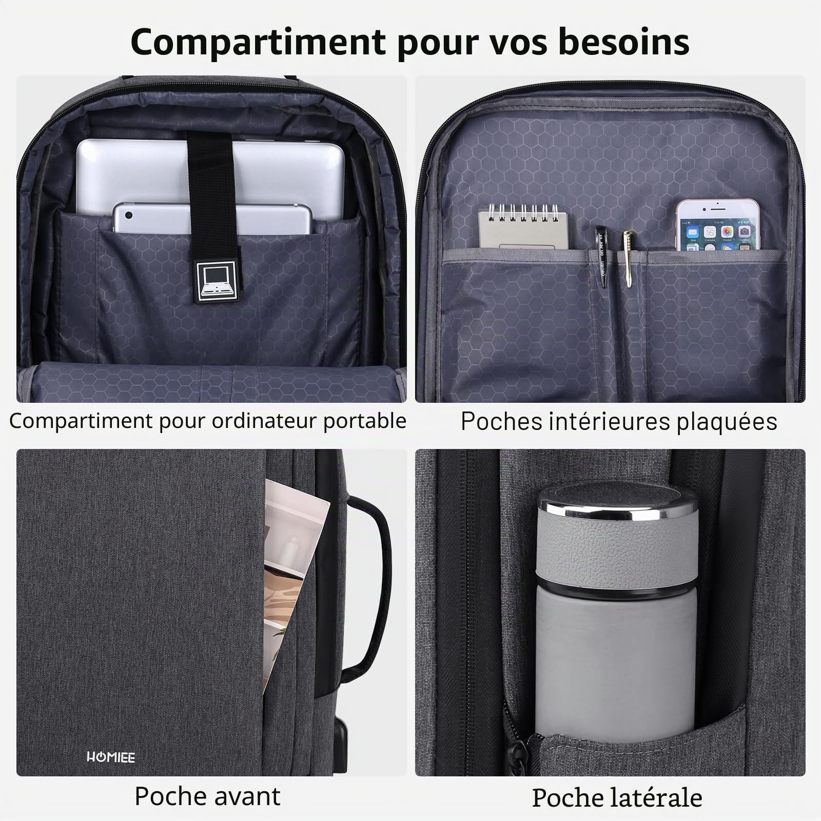 HOMIEE Sac à Dos pour Ordinateur Portable (Extensible-Gris)