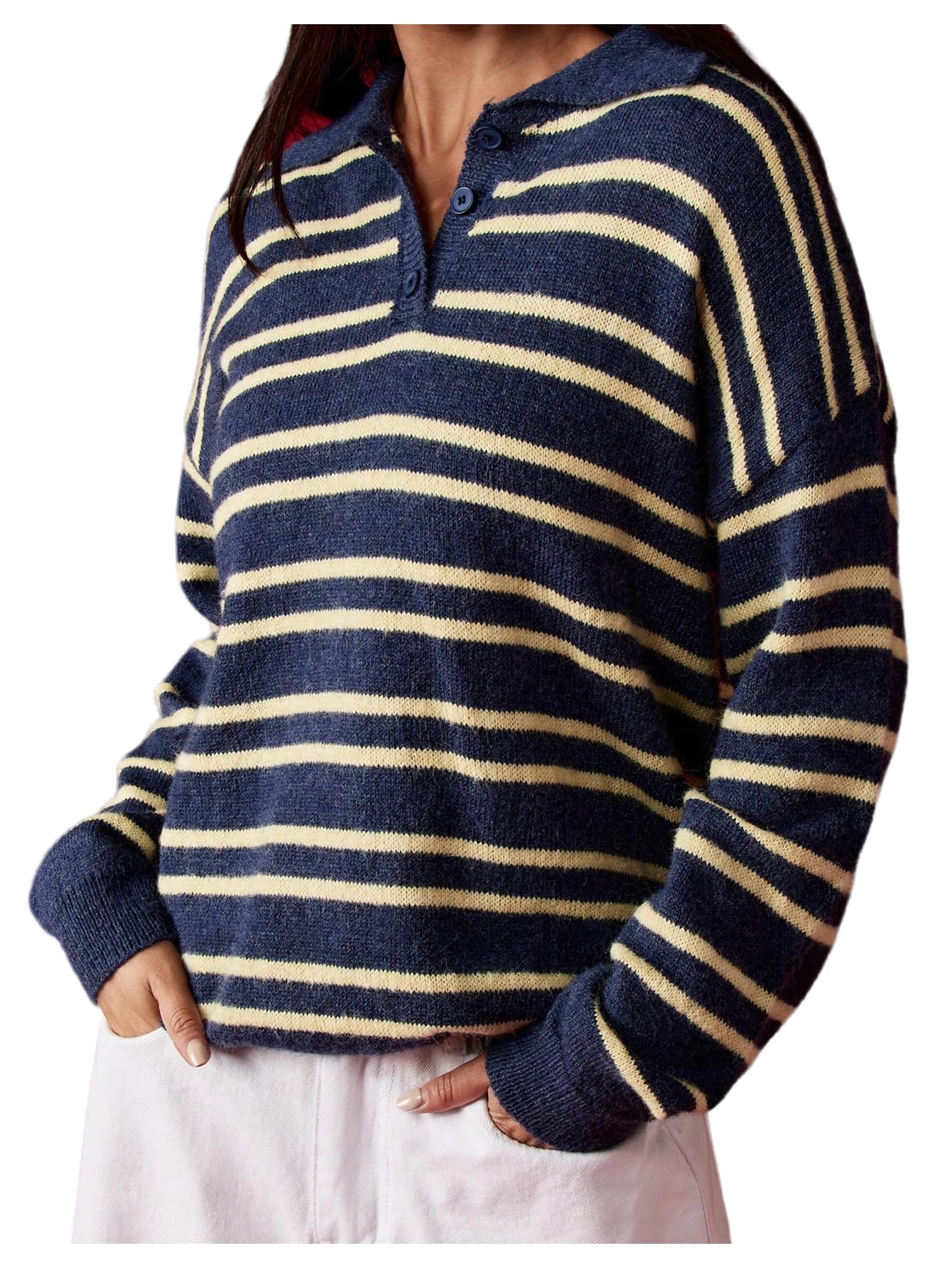 SOLY HUX Womens Striped Sweater Long Sleeve Collared Button Pullover Y2k Preppy Jumper Tops