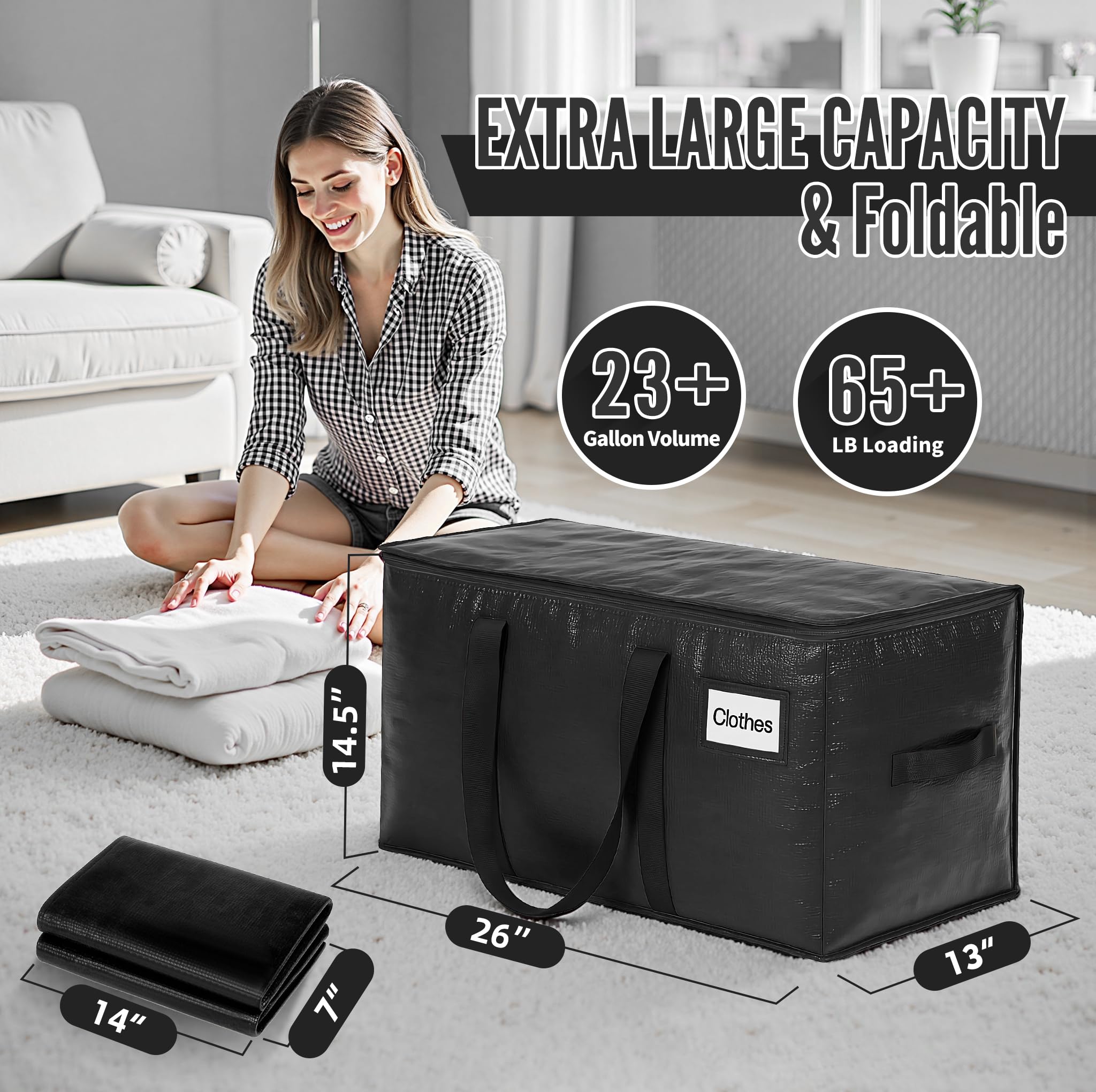 BAGAIL Heavy Duty Moving Bags with Strong Handle, Extra Large Moving Boxes, Storage Tote for Clothes, College Moving Supplies(Black, 4 Pack)