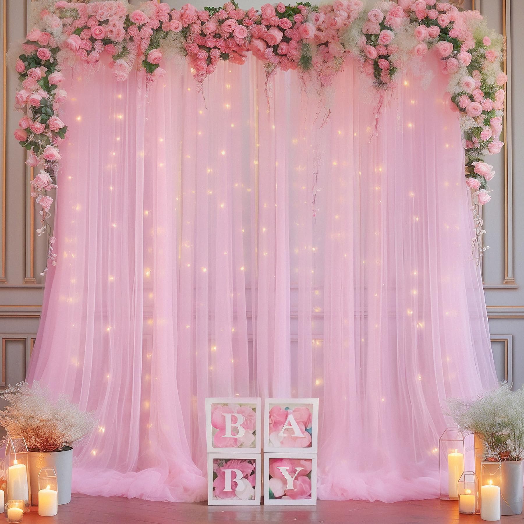 Photo 1 of 10×10ft Pink Tulle Backdrop Curtain with Lights String for Parties, Sheer Photo Curtain Backdrop Drapes for Wedding Party Photography Backgrounds