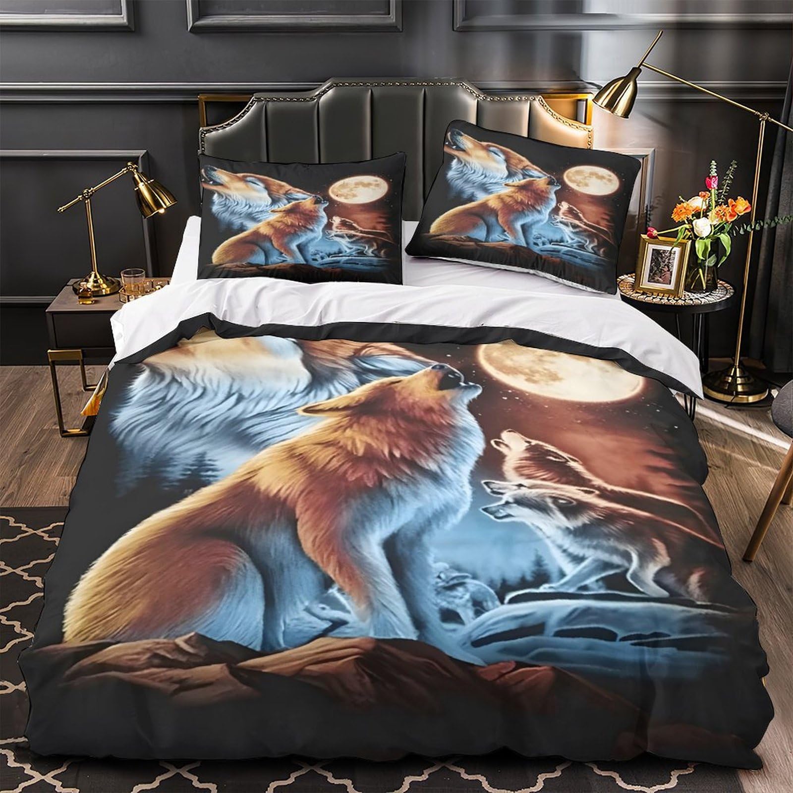 MMDASBVPE Wolf Howling Duvet Cover 3D Print Luxurious 3 Pcs Bed Linen Hidden Zipper Night Forest Quilt Cover Super Soft Breathable for Kids Youth Teenagers Adults Women Girls Double（200x200cm）
