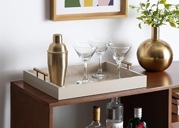 Kate and Laurel Lipton Mid Century Modern Decorative Wood Tray with Brushed Gold Metal Handles, Sand Brown