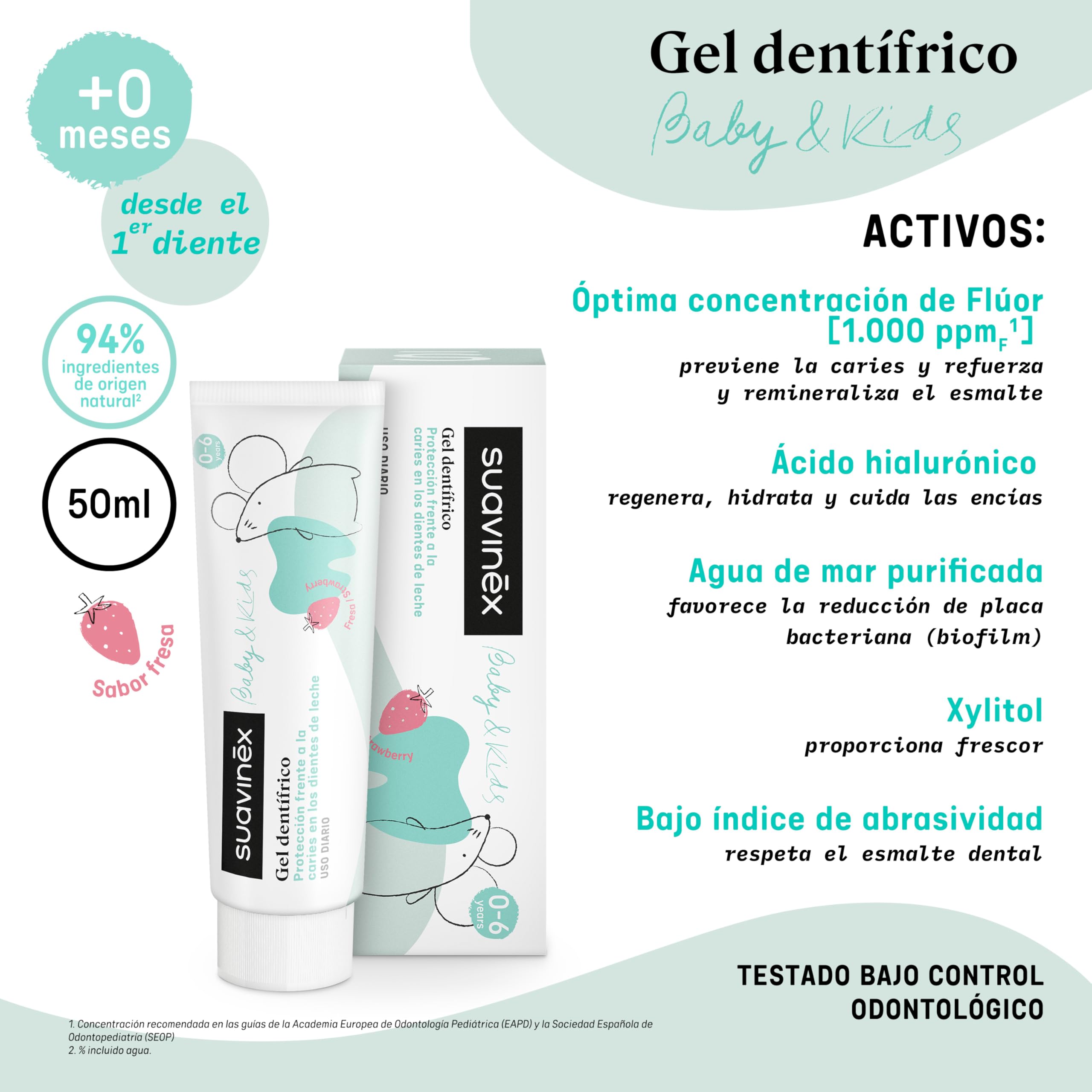 Suavinex, Pasta Dientes Bebés y Niños 1000ppm Flúor, desde el 1er Diente hasta 6 Años, Sin Gluten, Previene Caries y Cuida las Encías, con Xylitol y Agua de Mar, Gel Dentífrico Sabor Fresa, 50 ml