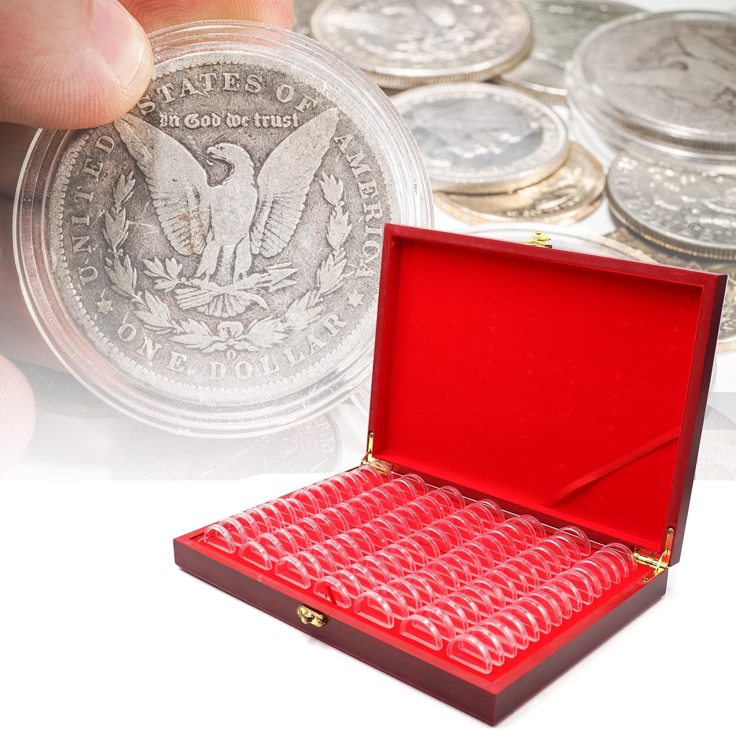 Together-life 100 Pieces 30mm Wooden Coin Capsules Holder Case, Collection Box Coins Display Storage Case with Lock, 3 Sizes (25/27/30mm) Commemorative Organizer Collector