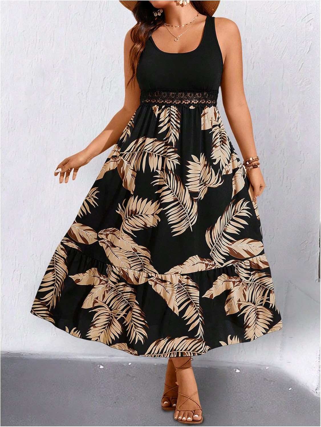 Women's Plus Size Tropical Print Ruffle Maxi Dress Lace Scoop Neck A Line Flowy Beach Vacation Dresses - Image 5