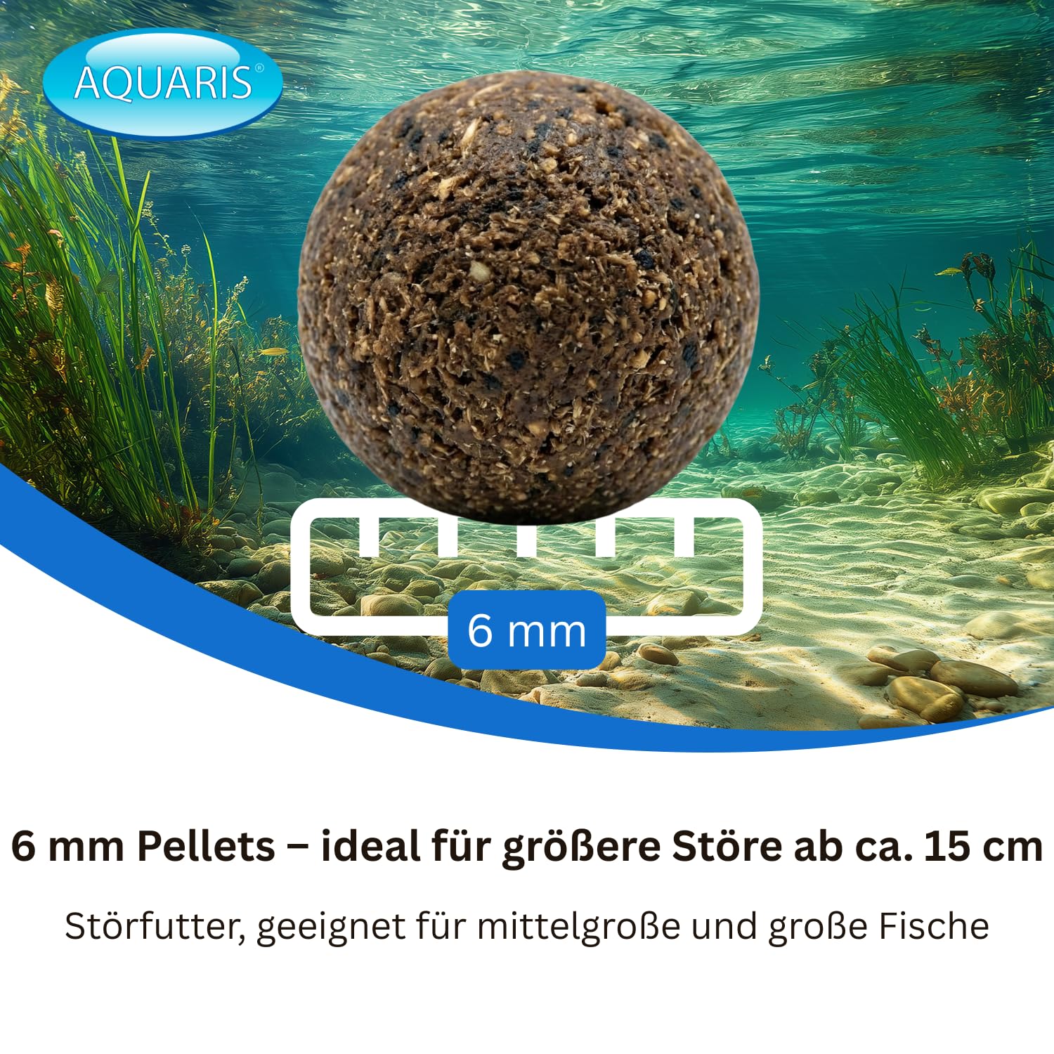 AQUARIS Fischfutter für Störe – wasserstabil, leicht verdaulich, sinkende Pellets für Teichfische (Beluga, Sterlet, Weißer Stör), 3808 g / 5,6 L / 6 mm. Störfutter sinkend 6 mm für große Teichfische